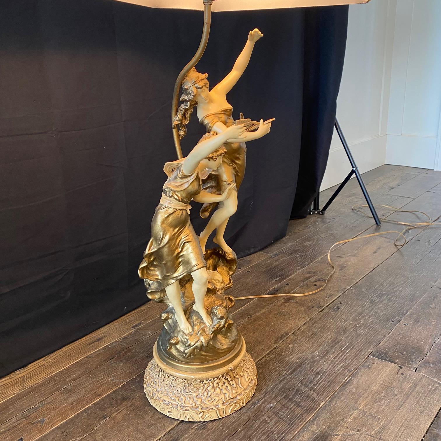 French Large Art Nouveau Figural Table Lamp Signed Auguste Moreau For Sale 2