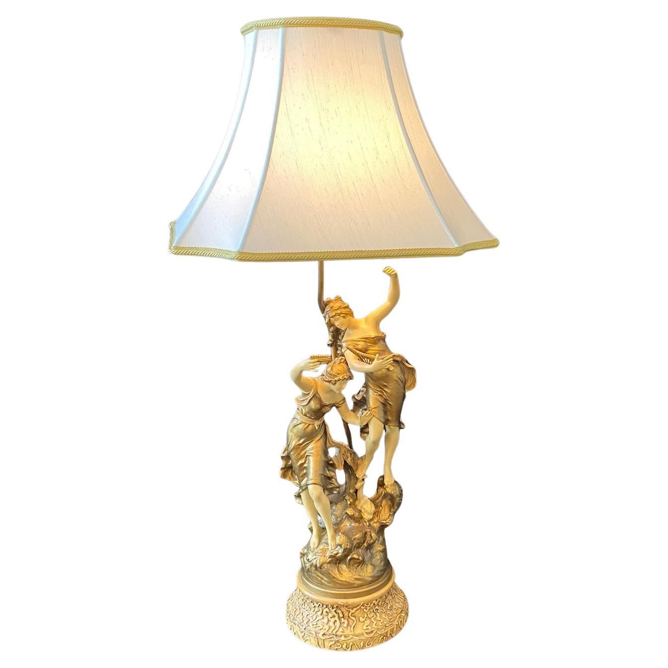 French Large Art Nouveau Figural Table Lamp Signed Auguste Moreau For Sale