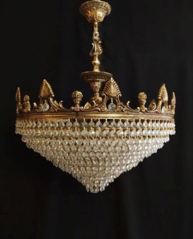 French Large Art Deco Crystal Bronze 5-Light Chandelier or Flush Mount, 1930s In Good Condition In Frankfurt am Main, DE
