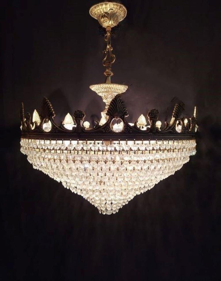 French Large Art Deco Crystal Bronze 5-Light Chandelier or Flush Mount, 1930s 1