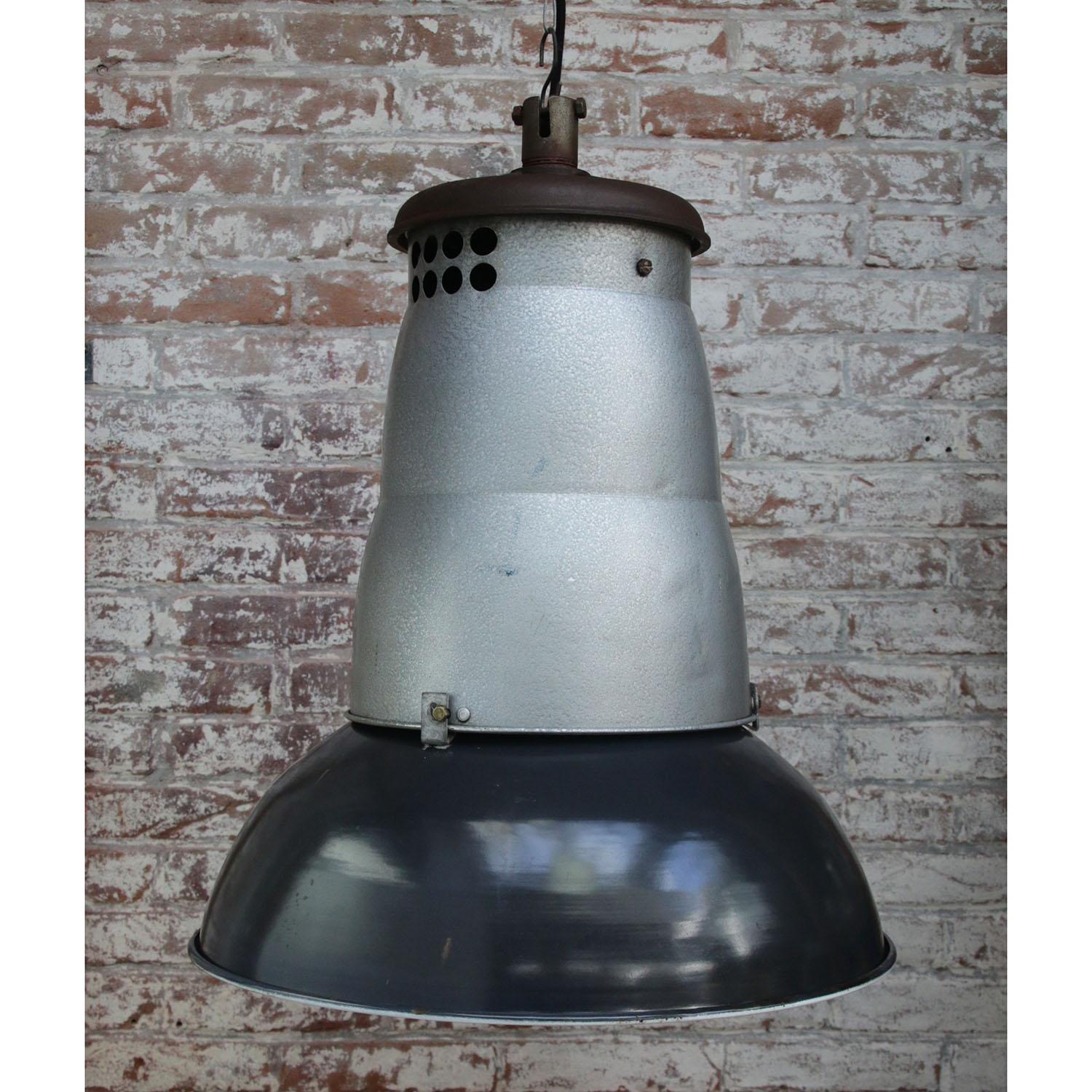 20th Century French Large Black Enamel Vintage Industrial Pendant Lights