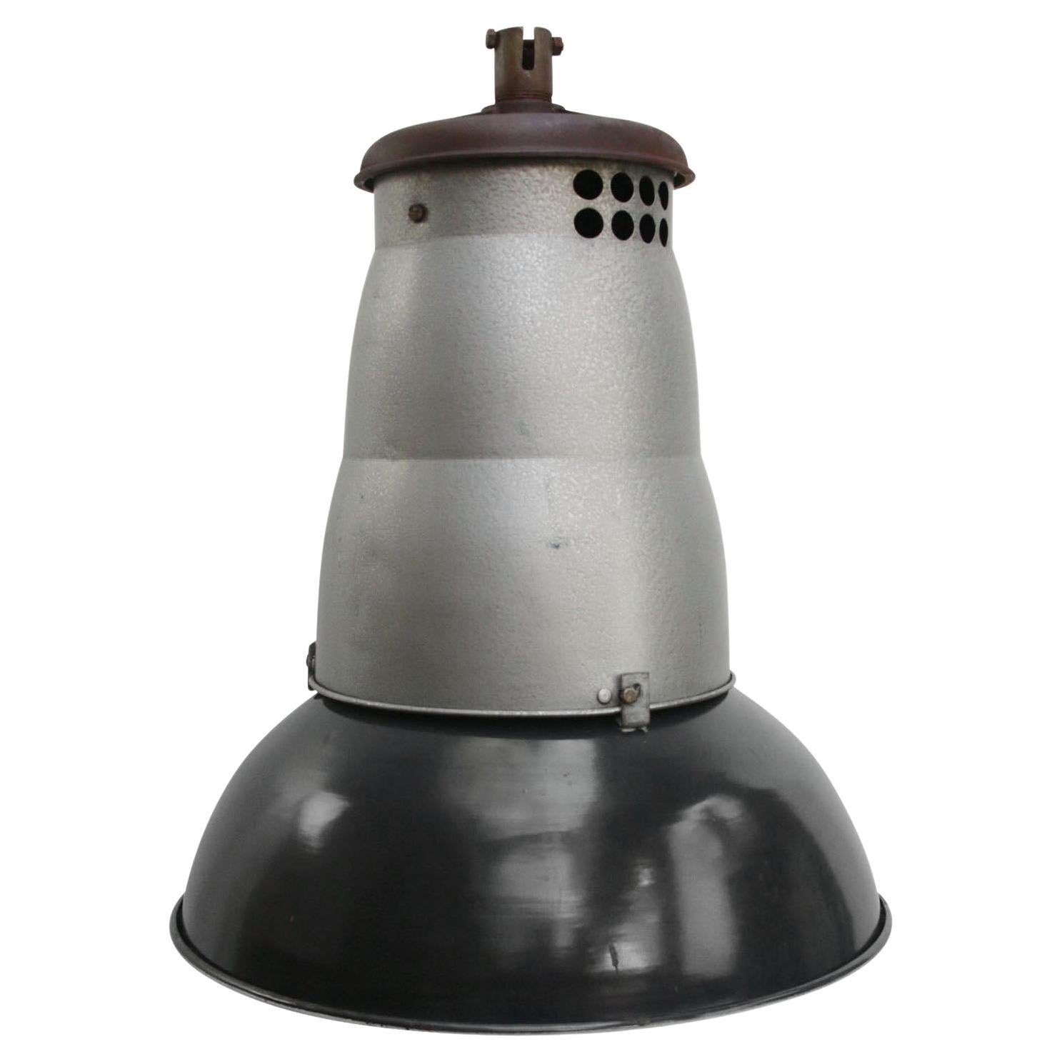 French Large Black Enamel Vintage Industrial Pendant Lights For Sale