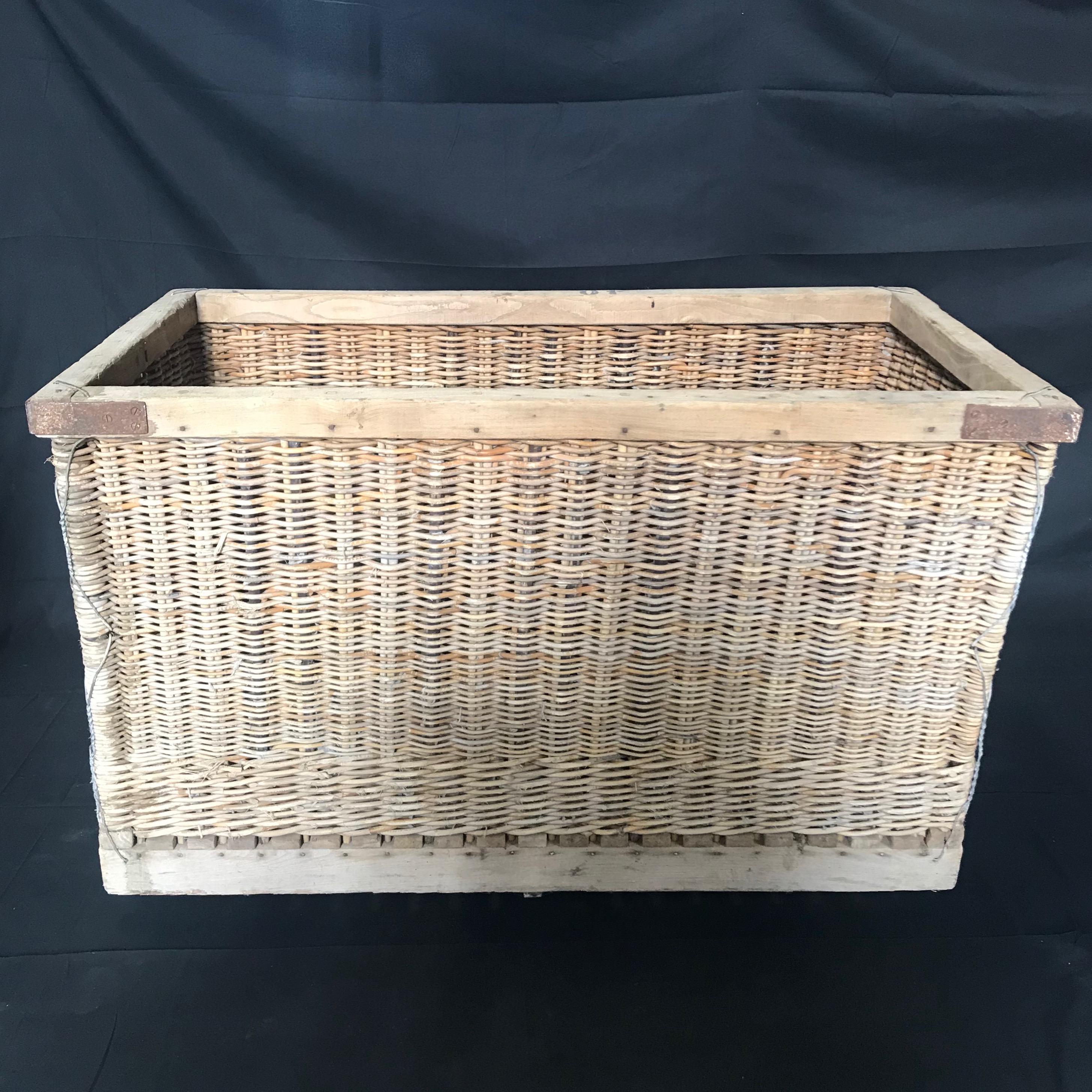 Wicker French Large Boulangerie Industrial Woven Cart Basket on Wheels