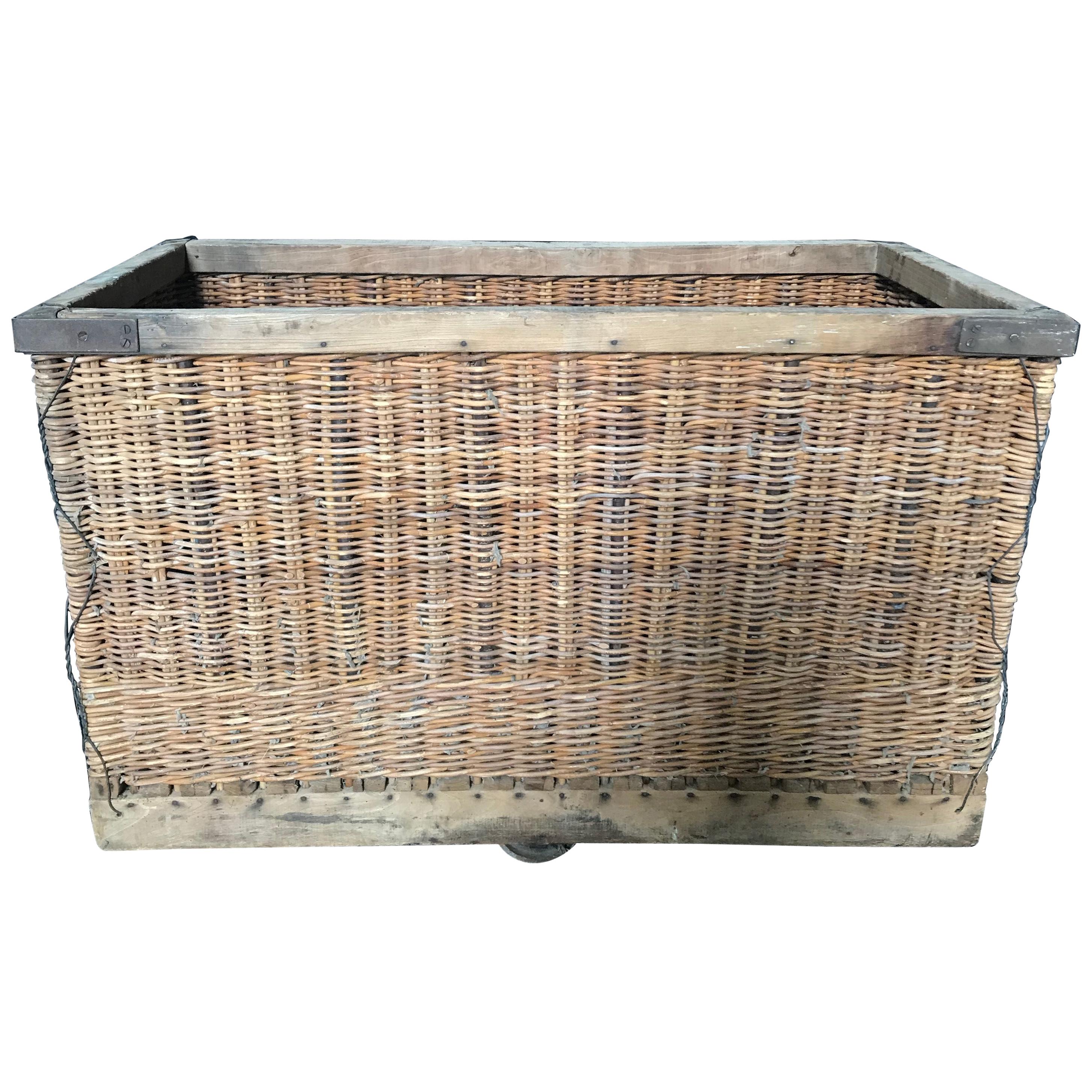 French Large Boulangerie Industrial Woven Cart Basket on Wheels