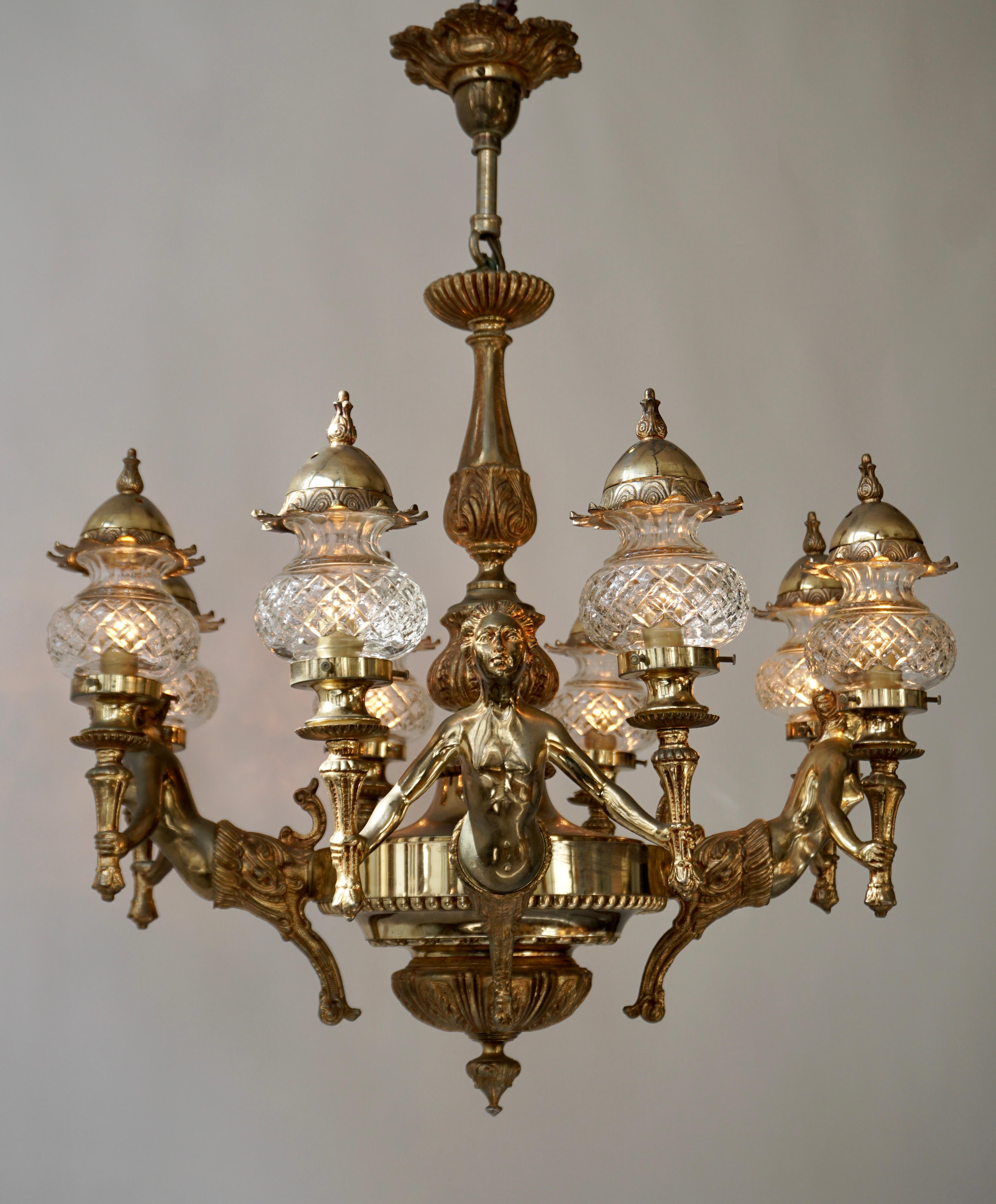 Hollywood Regency French Large Bronze Chandelier with Angels Holding Double Torches