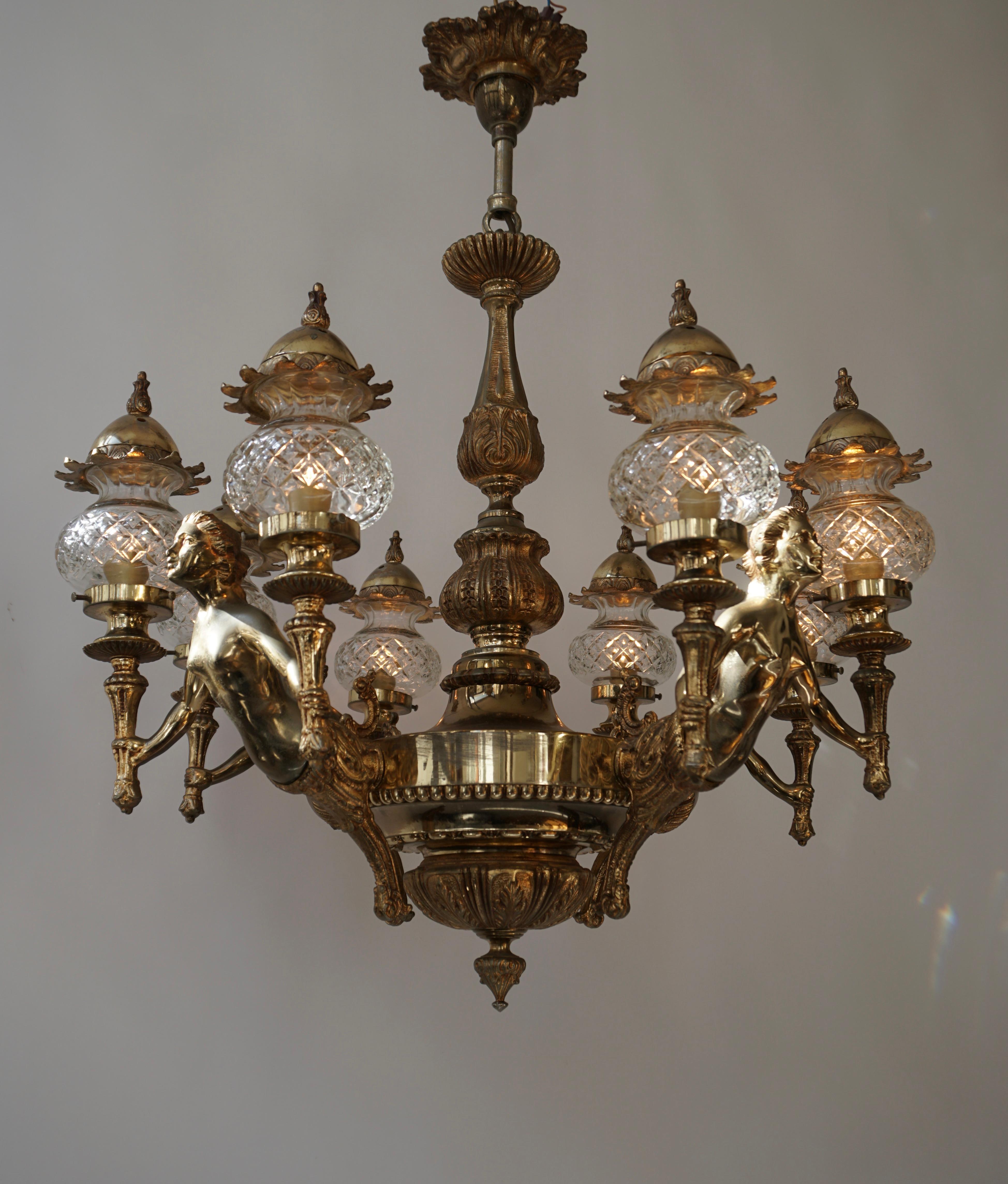 French Large Bronze Chandelier with Angels Holding Double Torches In Good Condition In Antwerp, BE
