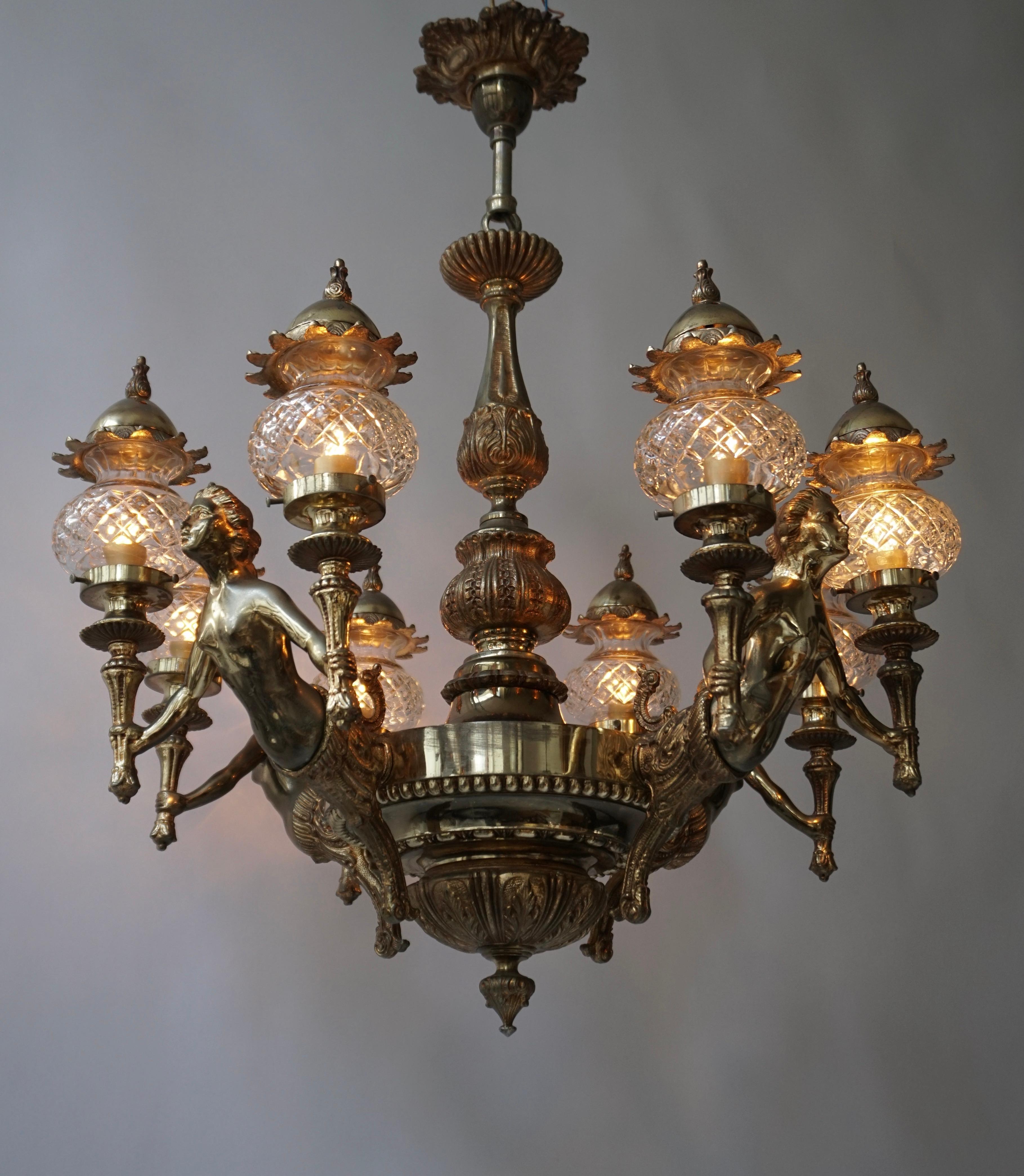 20th Century French Large Bronze Chandelier with Angels Holding Double Torches