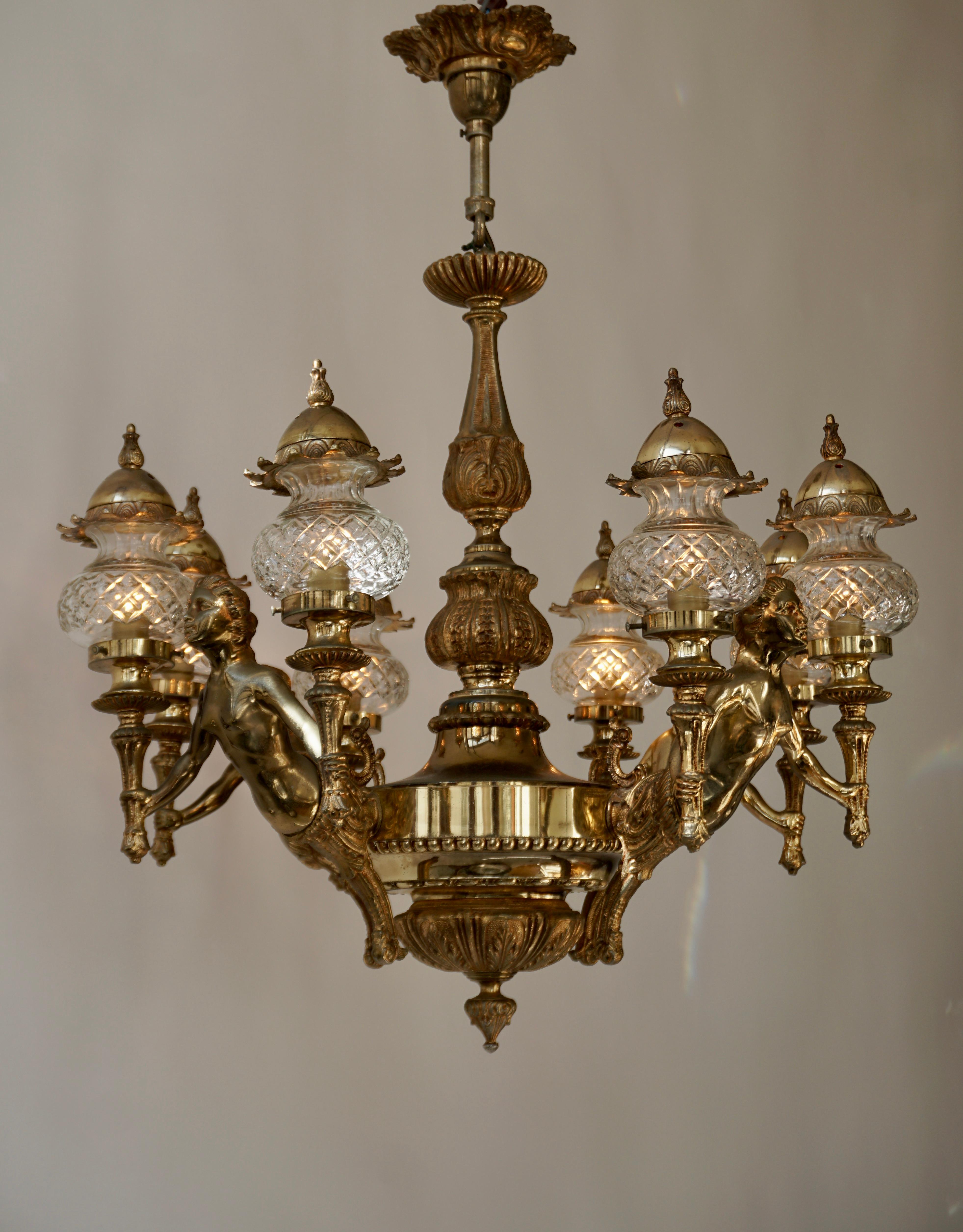 French Large Bronze Chandelier with Angels Holding Double Torches 1