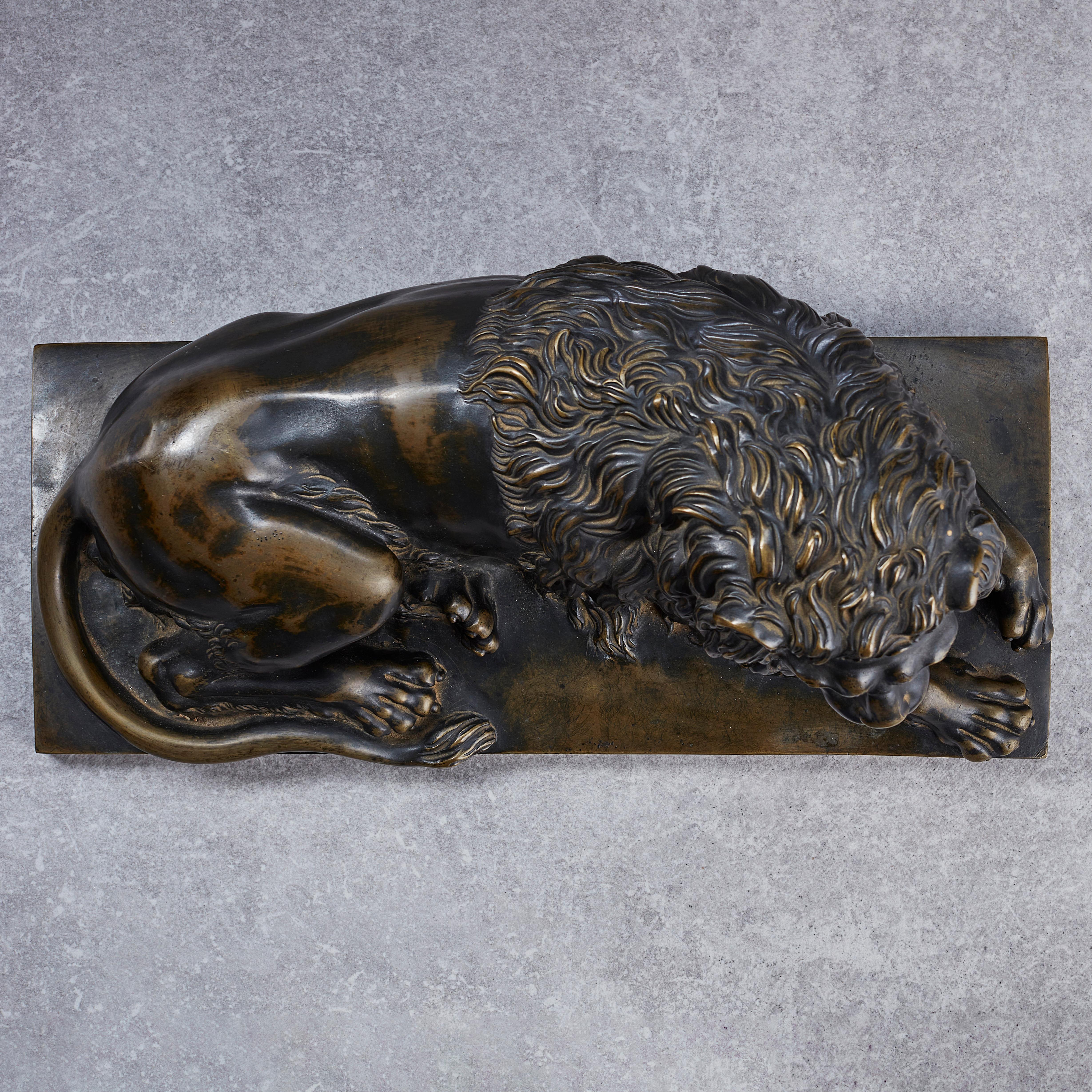 Très beau et grand bronze représentant un lion couché. De nombreux détails, comme le traitement de la crinière du lion, témoignent de la maîtrise du sculpteur et de sa compréhension de l'anatomie de ce grand animal. Socle en bois avec placage