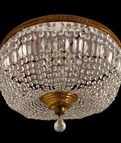 French Large Bronze Six-Light Crystal Flush Mount Diameter 28", France, 1950s