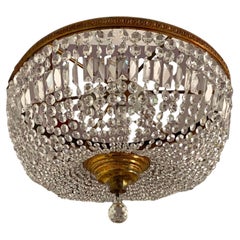 French Large Bronze Six-Light Crystal Flush Mount Diameter 28", France, 1950s