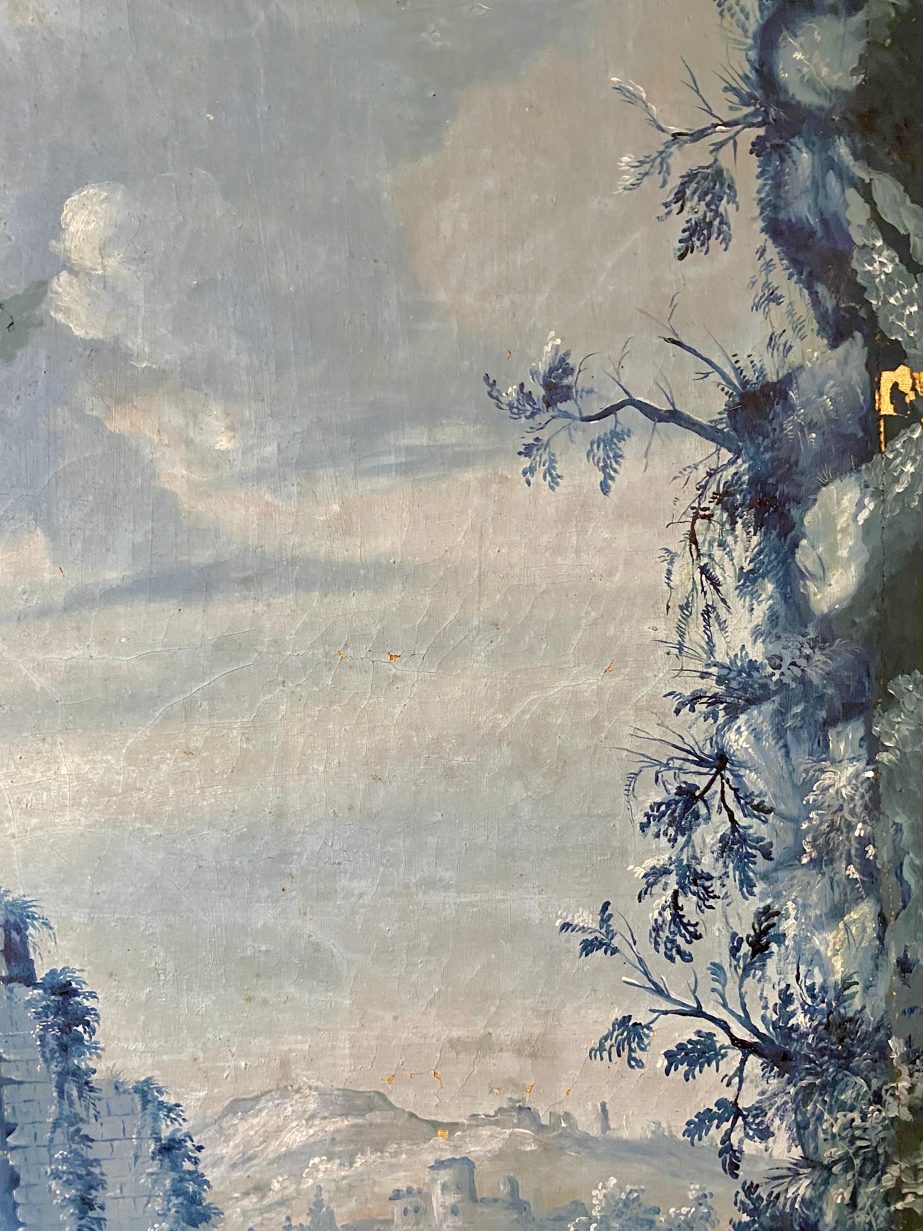 XVIIIe siècle et antérieur Grande peinture française Camaeu Bleu Grisaille en vente