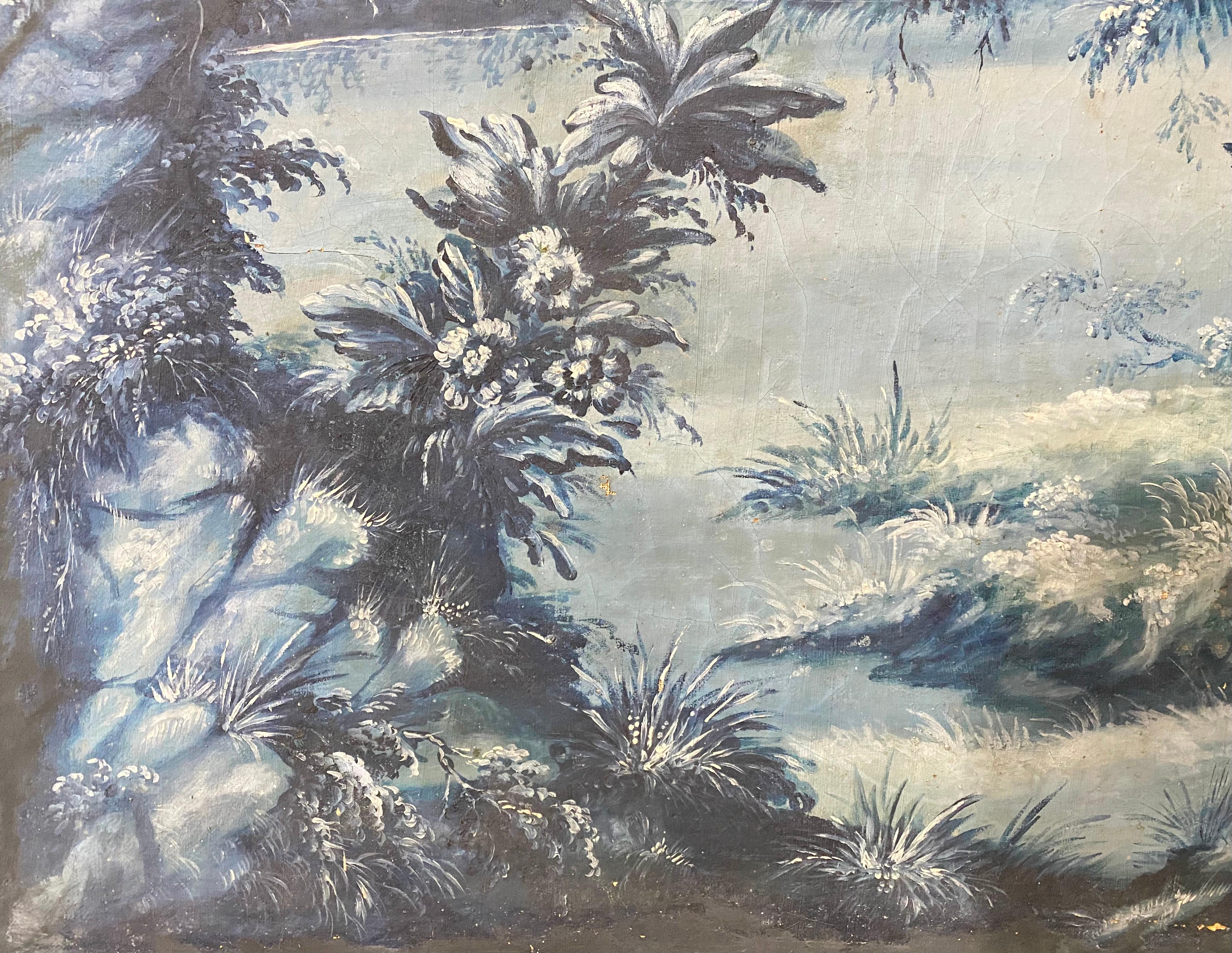 French Large Camaïeu Bleu Grisaille Painting For Sale 1
