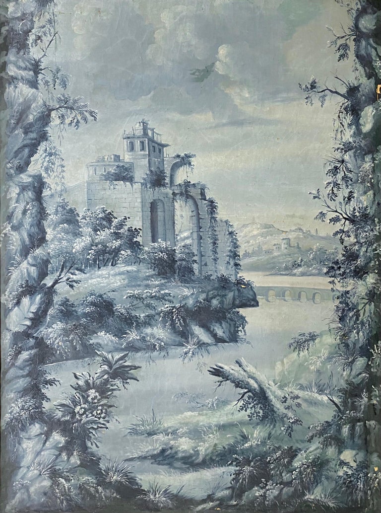 French Large Camaïeu Bleu Grisaille Painting For Sale 7