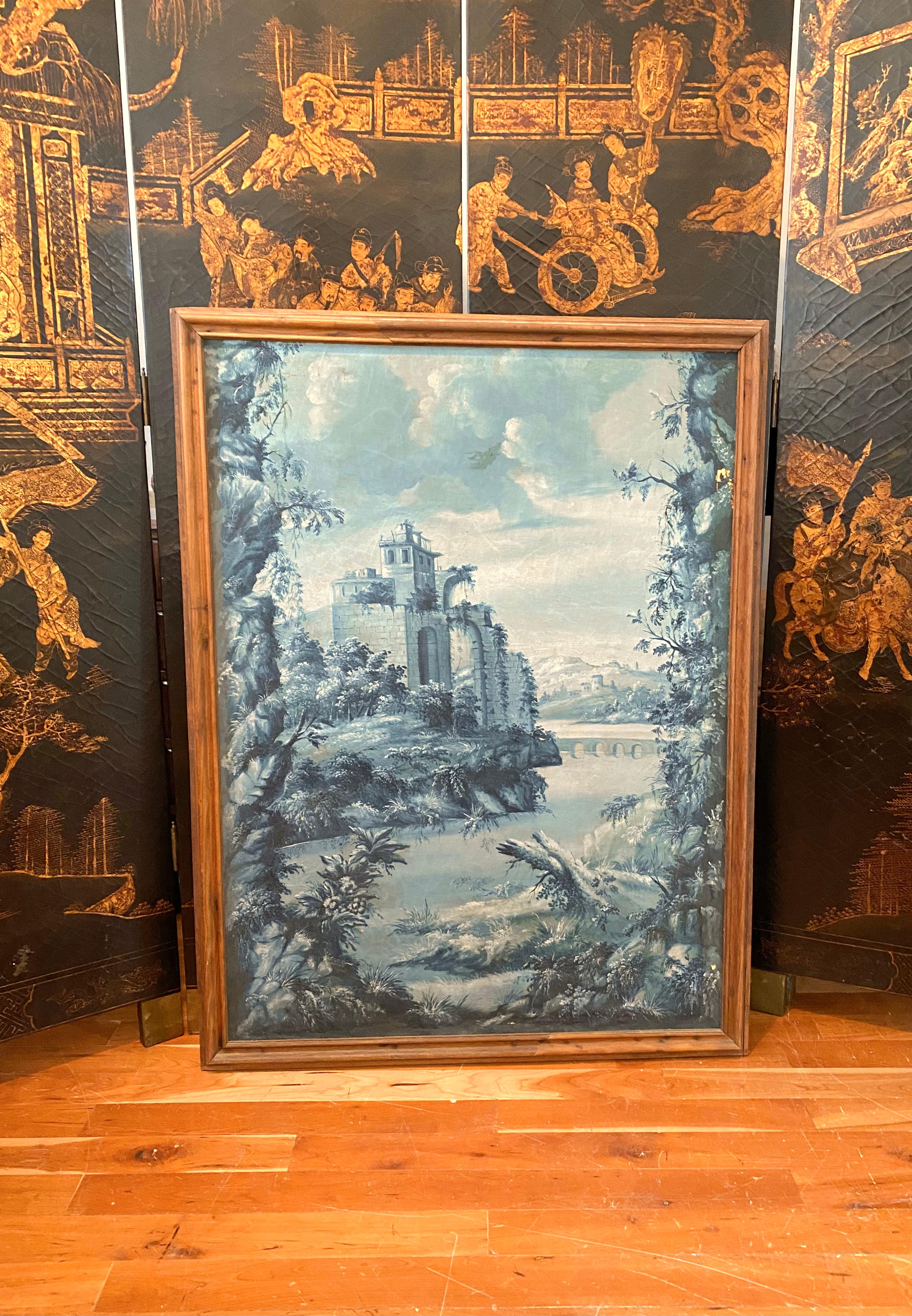 French Large Camaïeu Bleu Grisaille Painting For Sale 9