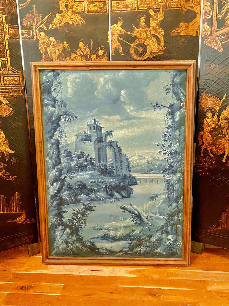French large Camaïeu Bleu Grisaille painting. The colour is treated in a monochromatic way.
Tableau Grisaille painting in shades of Camaïeu blue evoking a castle ruin. In the foreground, a pond surrounded by lush vegetation, in perspective a bridge