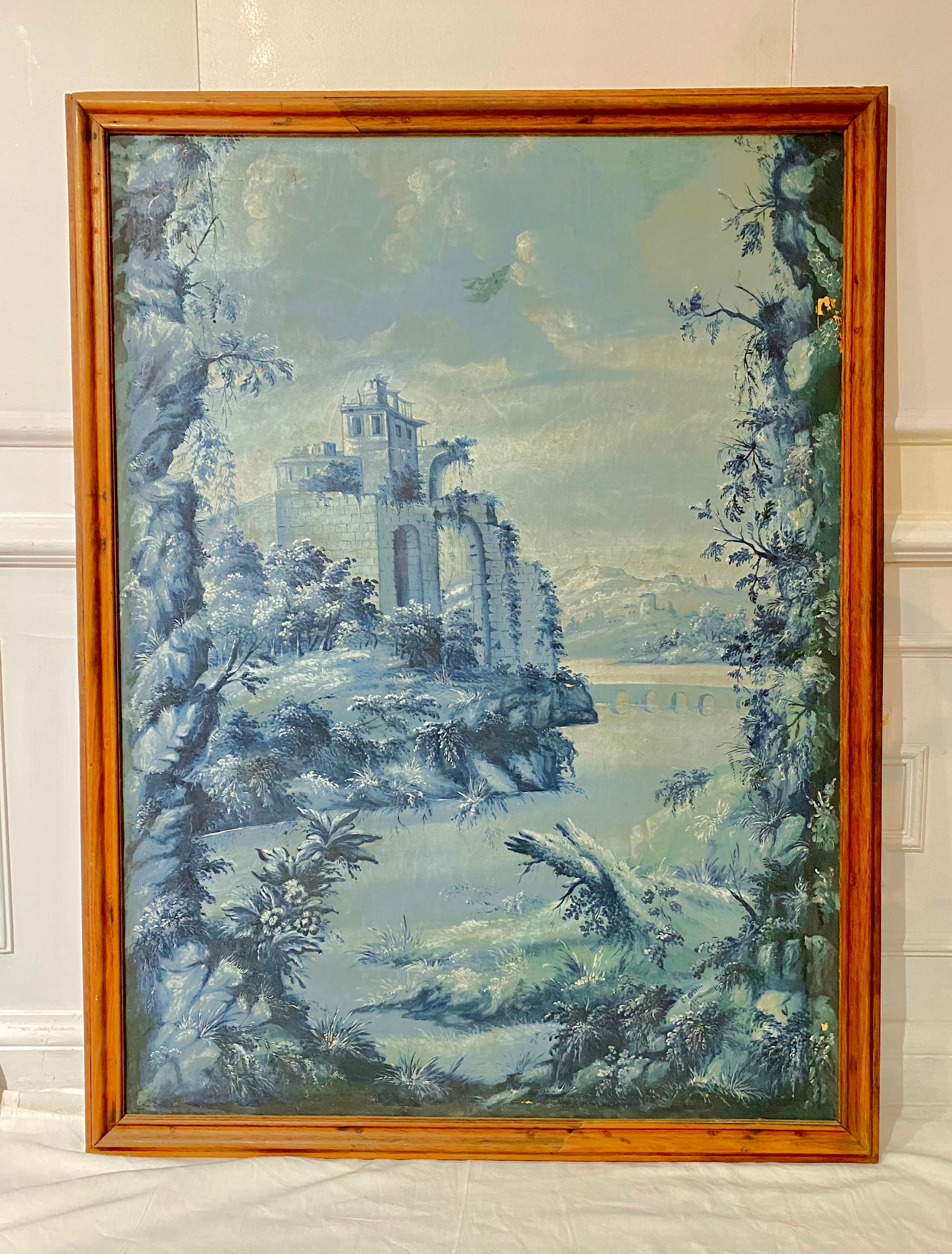 Großes französisches Camaeu Bleu Grisaille-Gemälde (Französisch) im Angebot