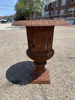 French Large Cast Iron 40" Tall Campana Urn Style Fluted Outdoor Garden Planter