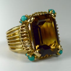 Französischer großer Citrin Blau Türkis Gelbgold Cocktail Ring