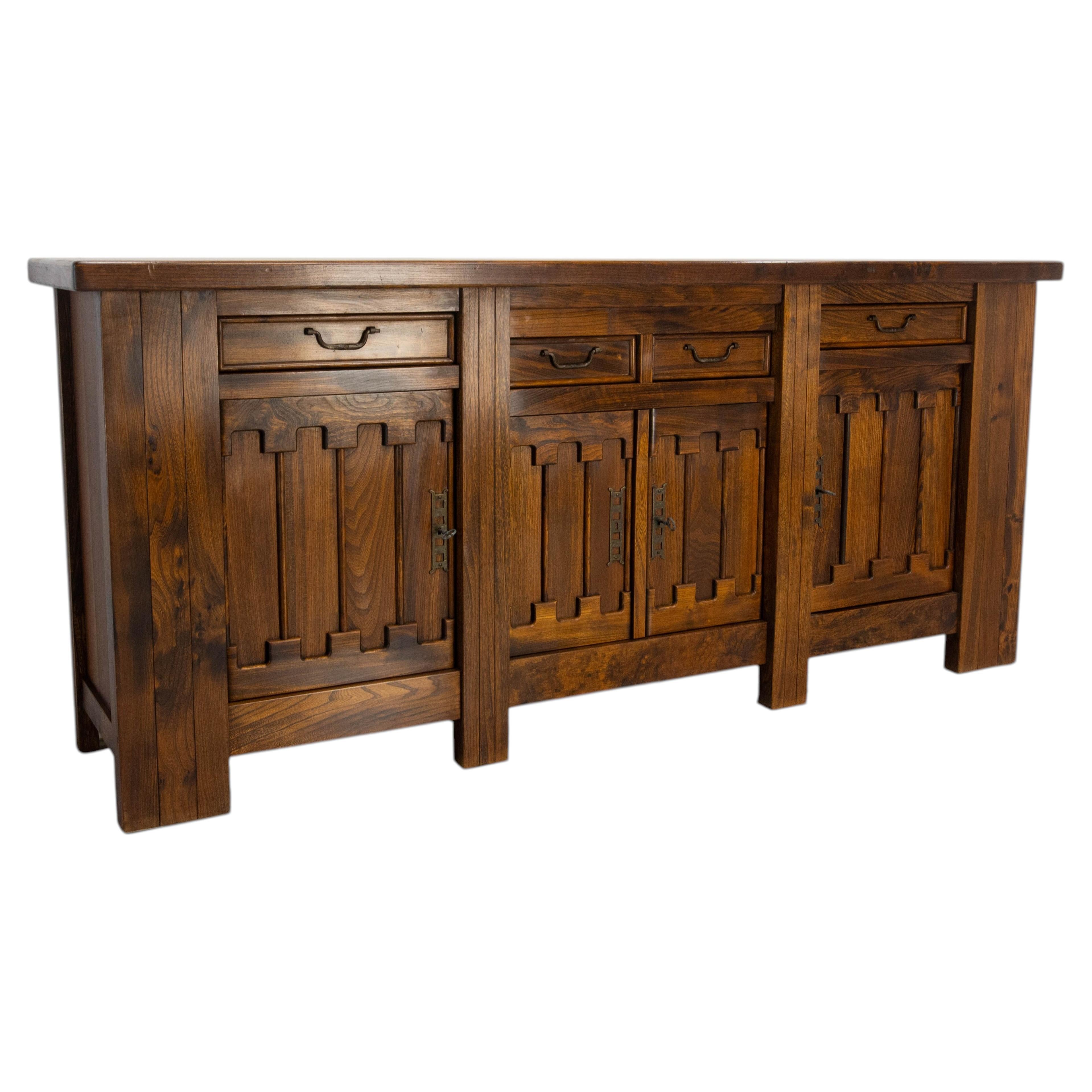 French Large Elm Buffet Four Doors & Four Drawers Neo Gothic Style, circa 1980
