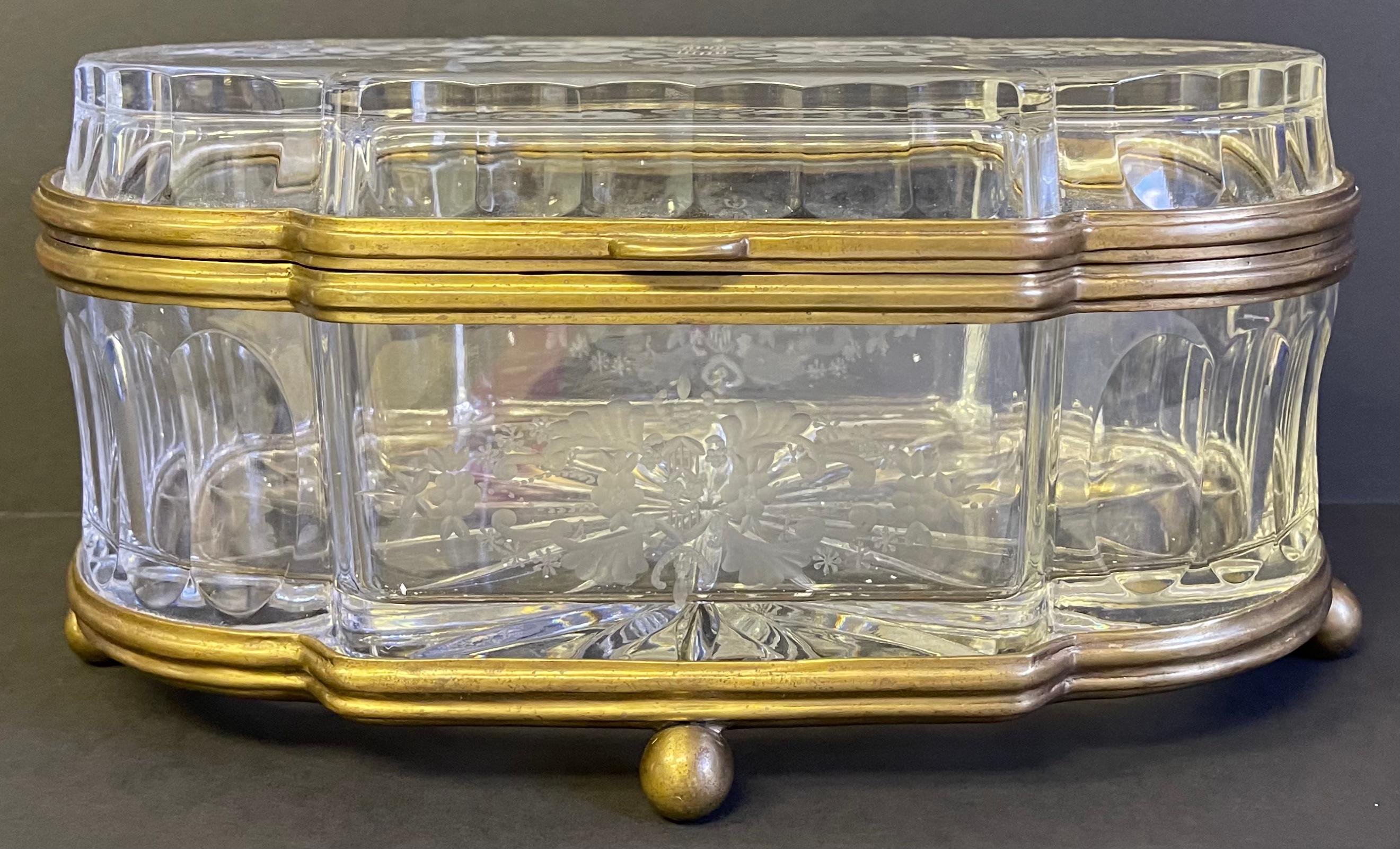 Victorian French Large Etched Cut Glass and Brass Lozenge Shape Box or Casket