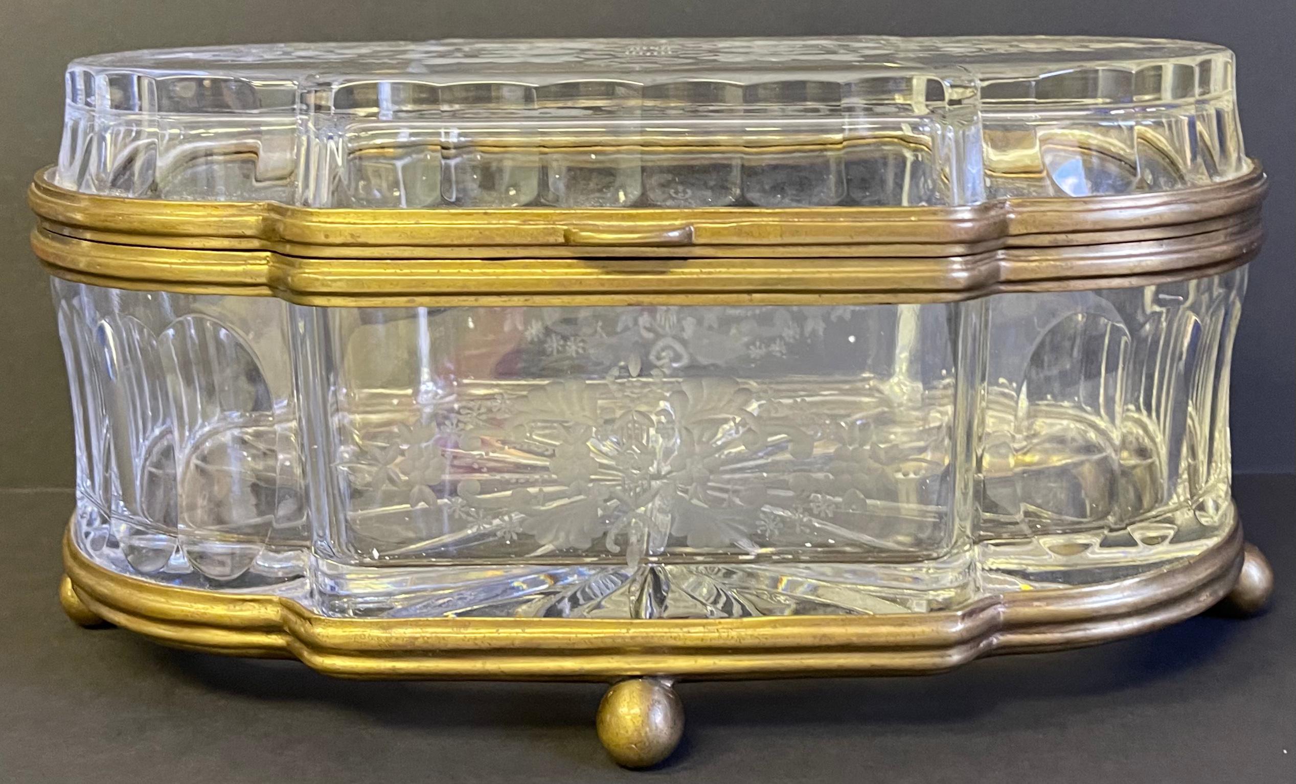 French Large Etched Cut Glass and Brass Lozenge Shape Box or Casket In Good Condition In Kennesaw, GA