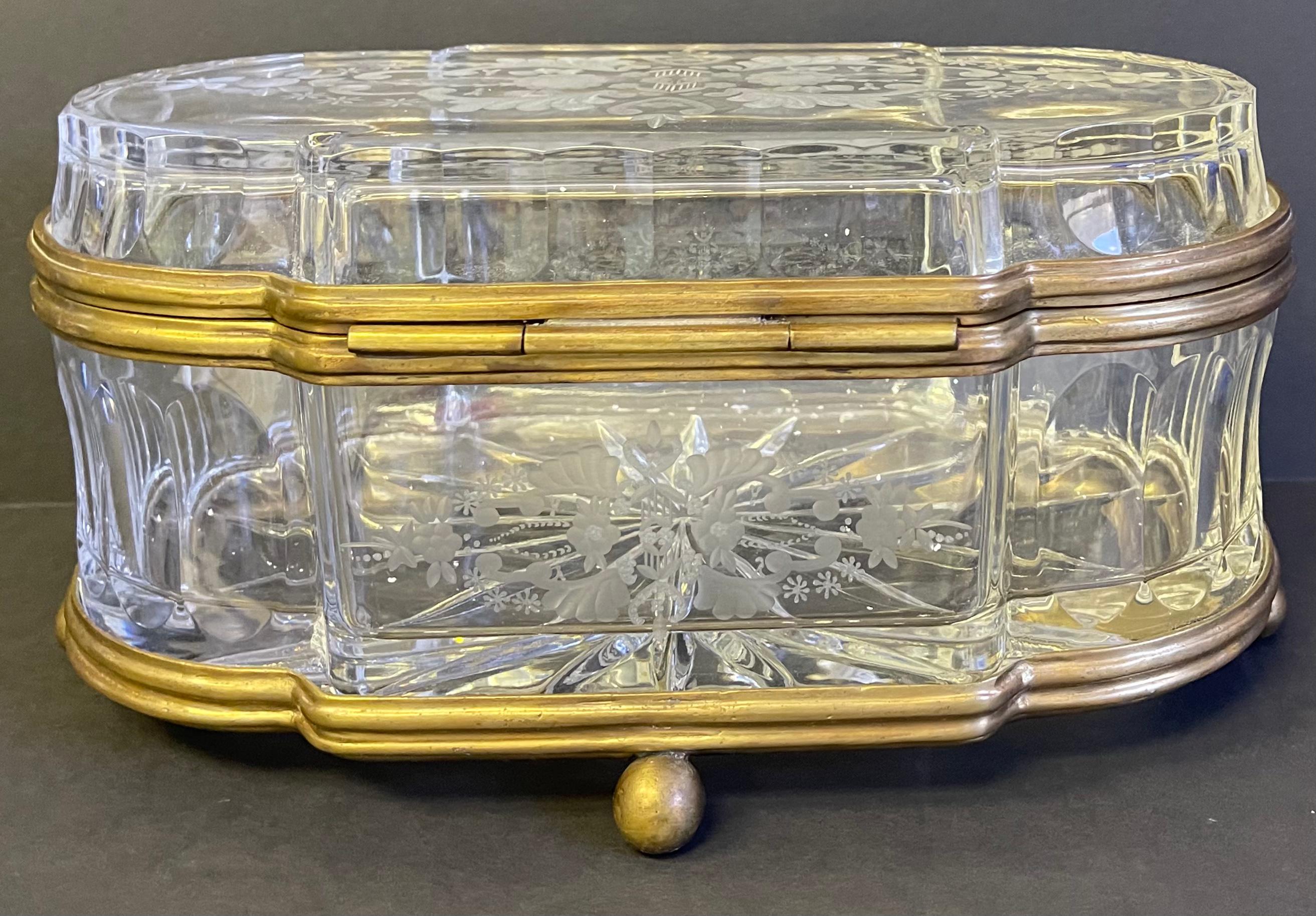 20th Century French Large Etched Cut Glass and Brass Lozenge Shape Box or Casket