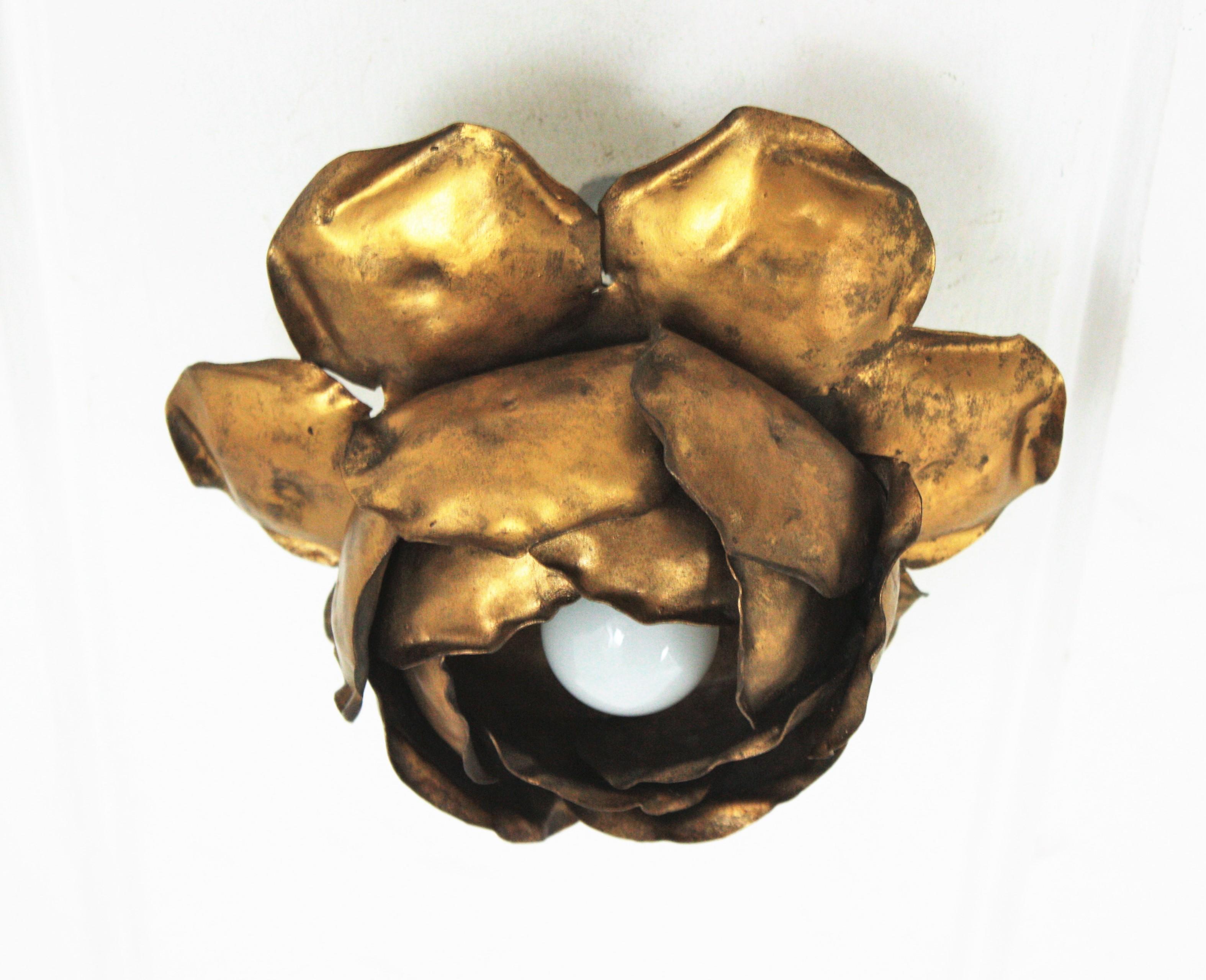 French Large Flower Bud Light Fixture in Gilt Iron For Sale 3