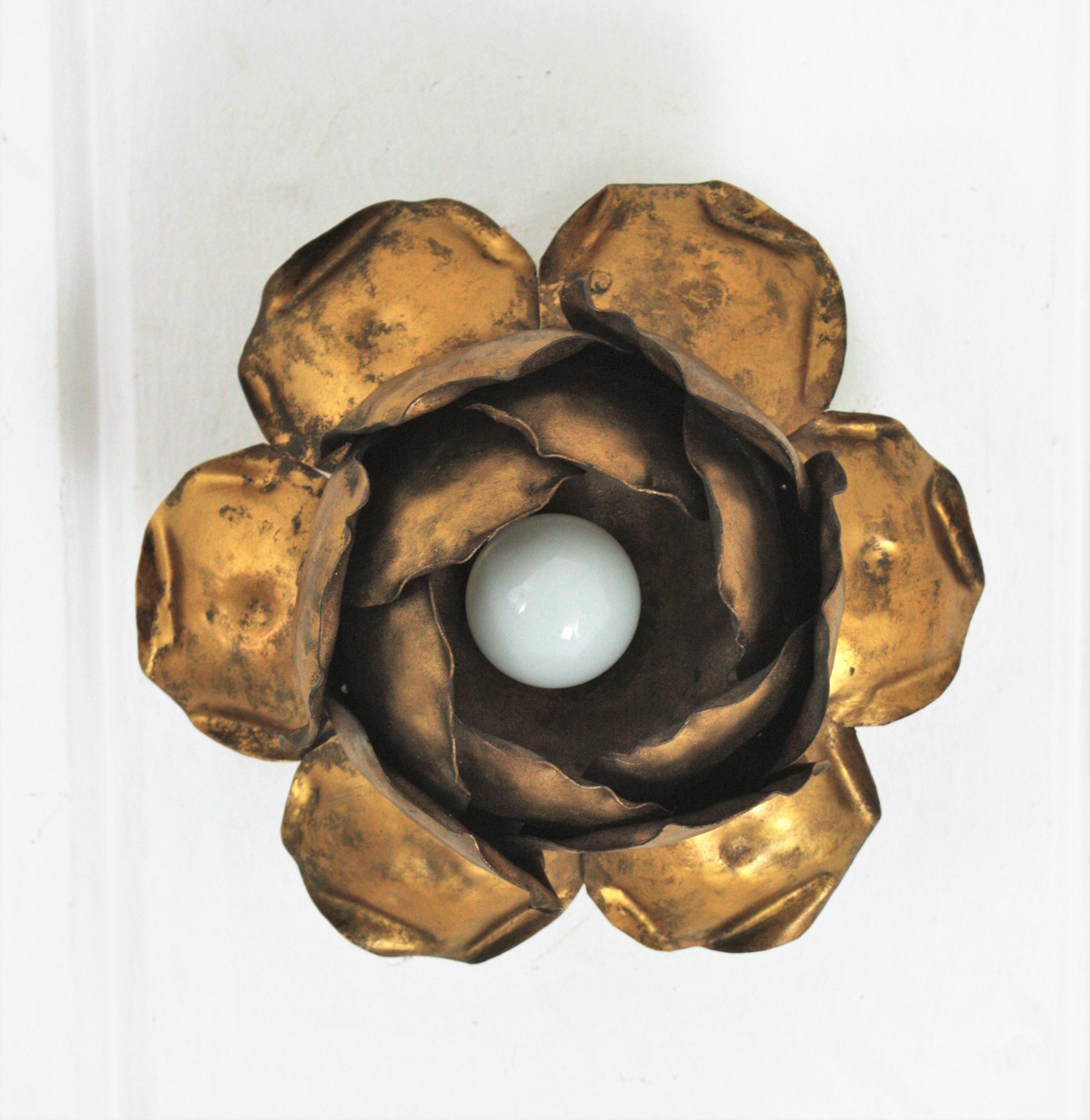 French Large Flower Bud Light Fixture in Gilt Iron For Sale 5