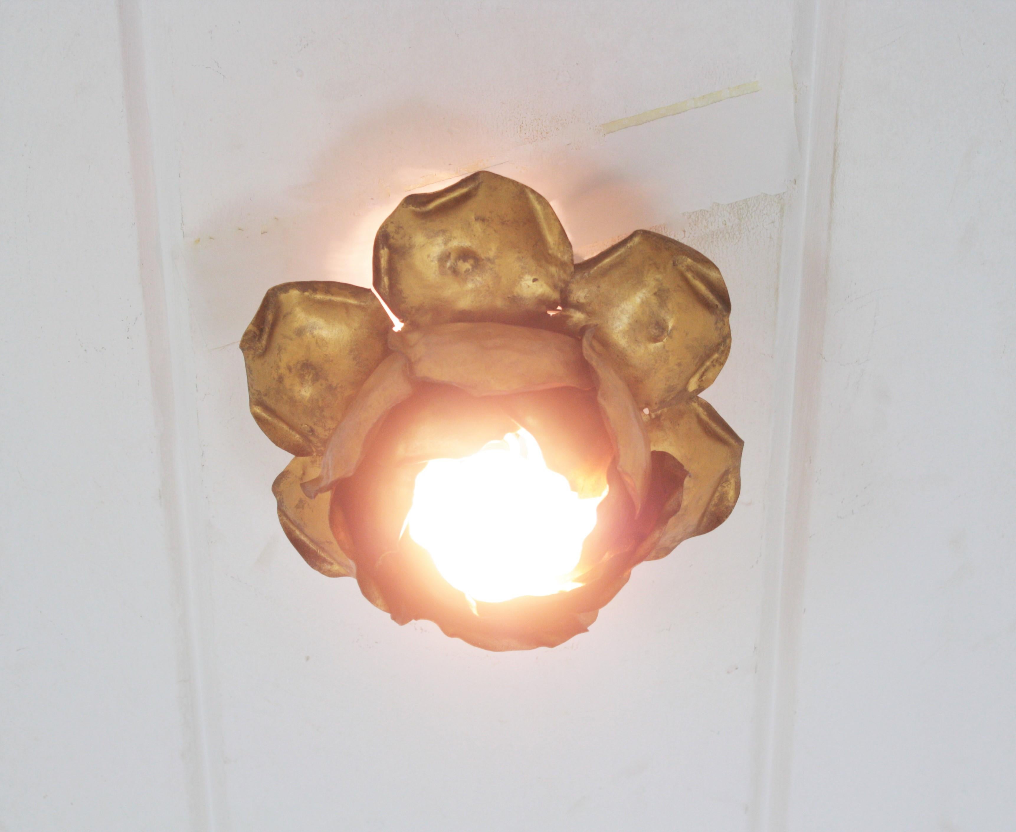 French Large Flower Bud Light Fixture in Gilt Iron For Sale 6