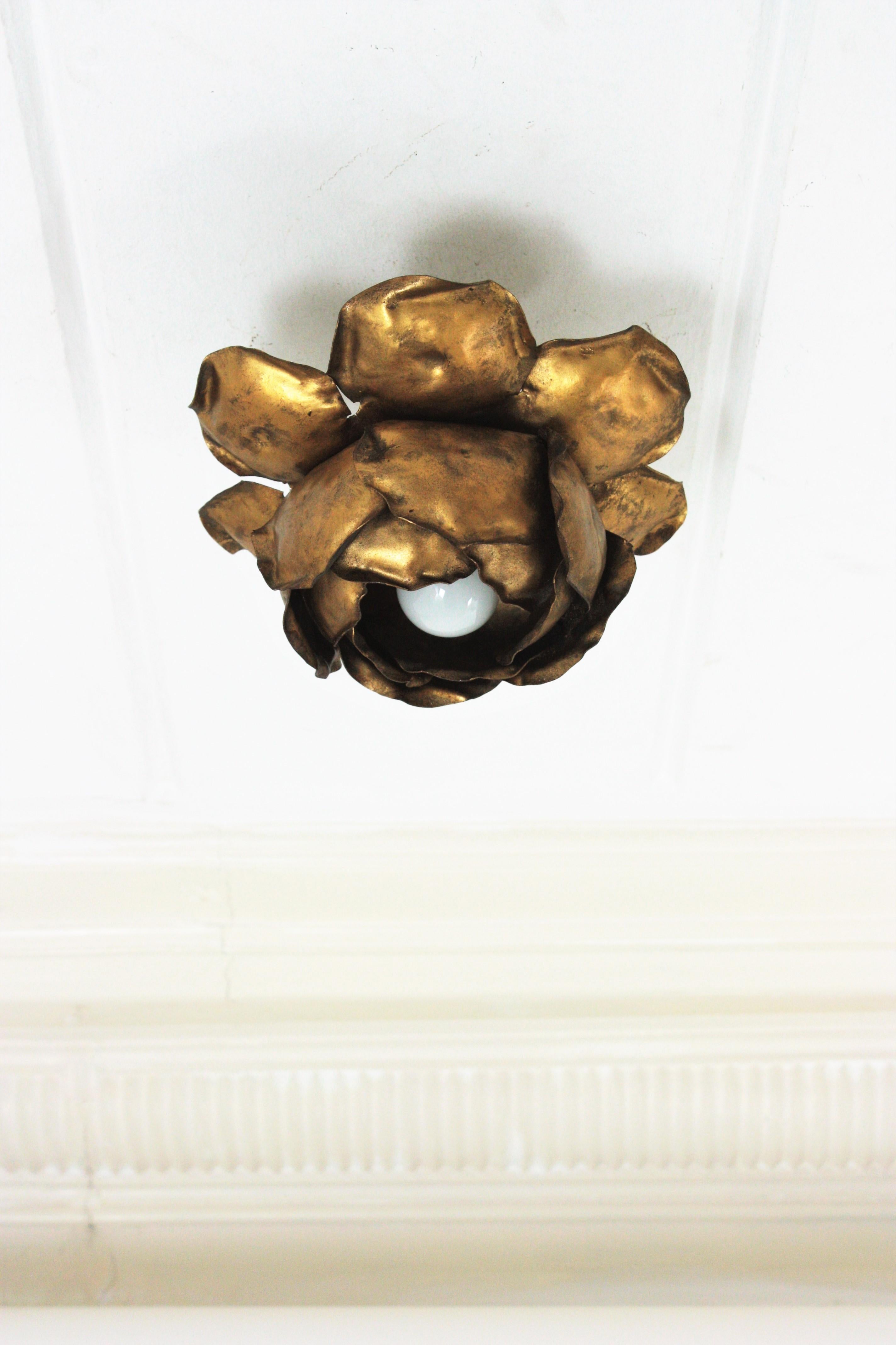 French Large Flower Bud Light Fixture in Gilt Iron For Sale 7