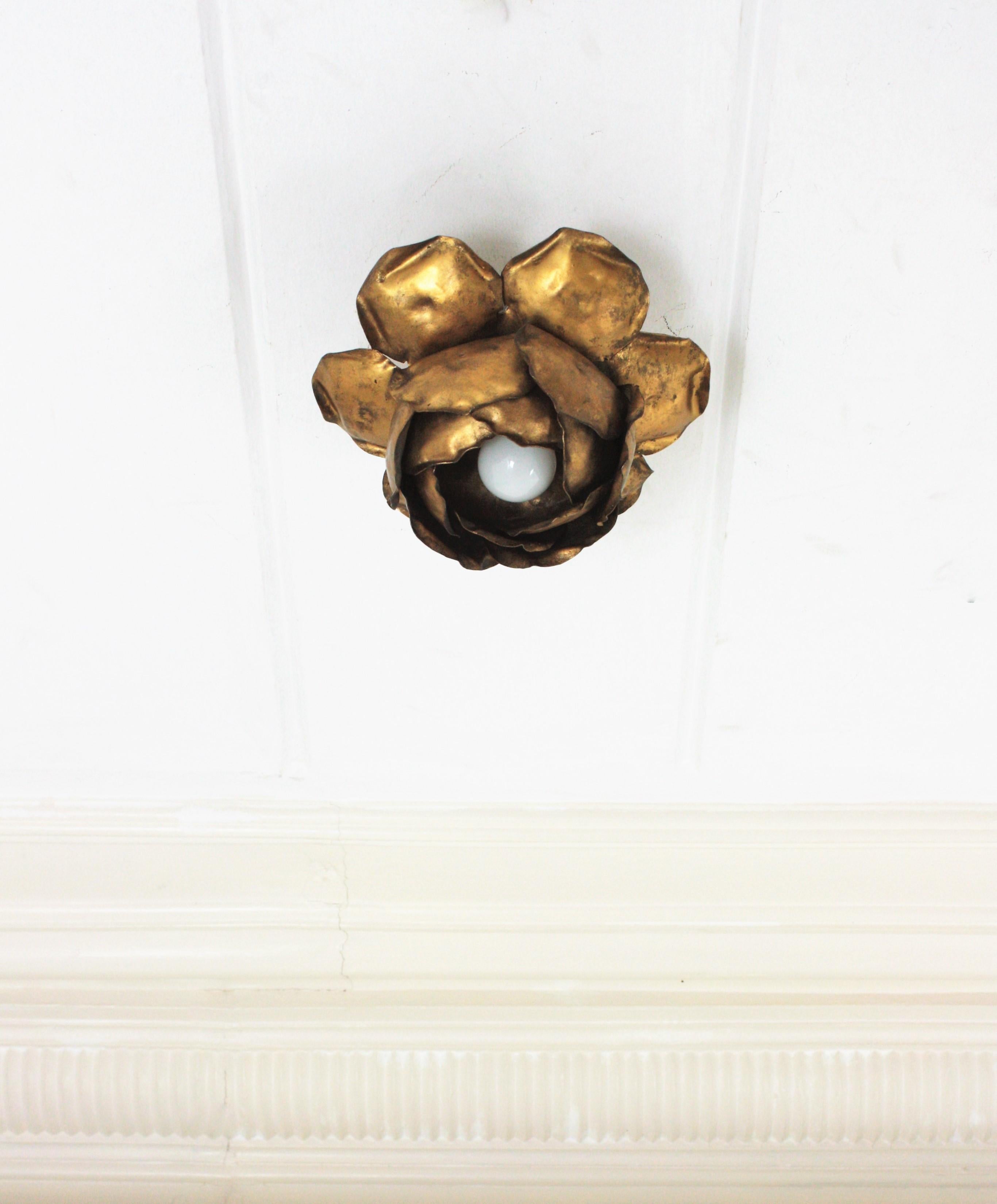Spanish French Large Flower Bud Light Fixture in Gilt Iron For Sale