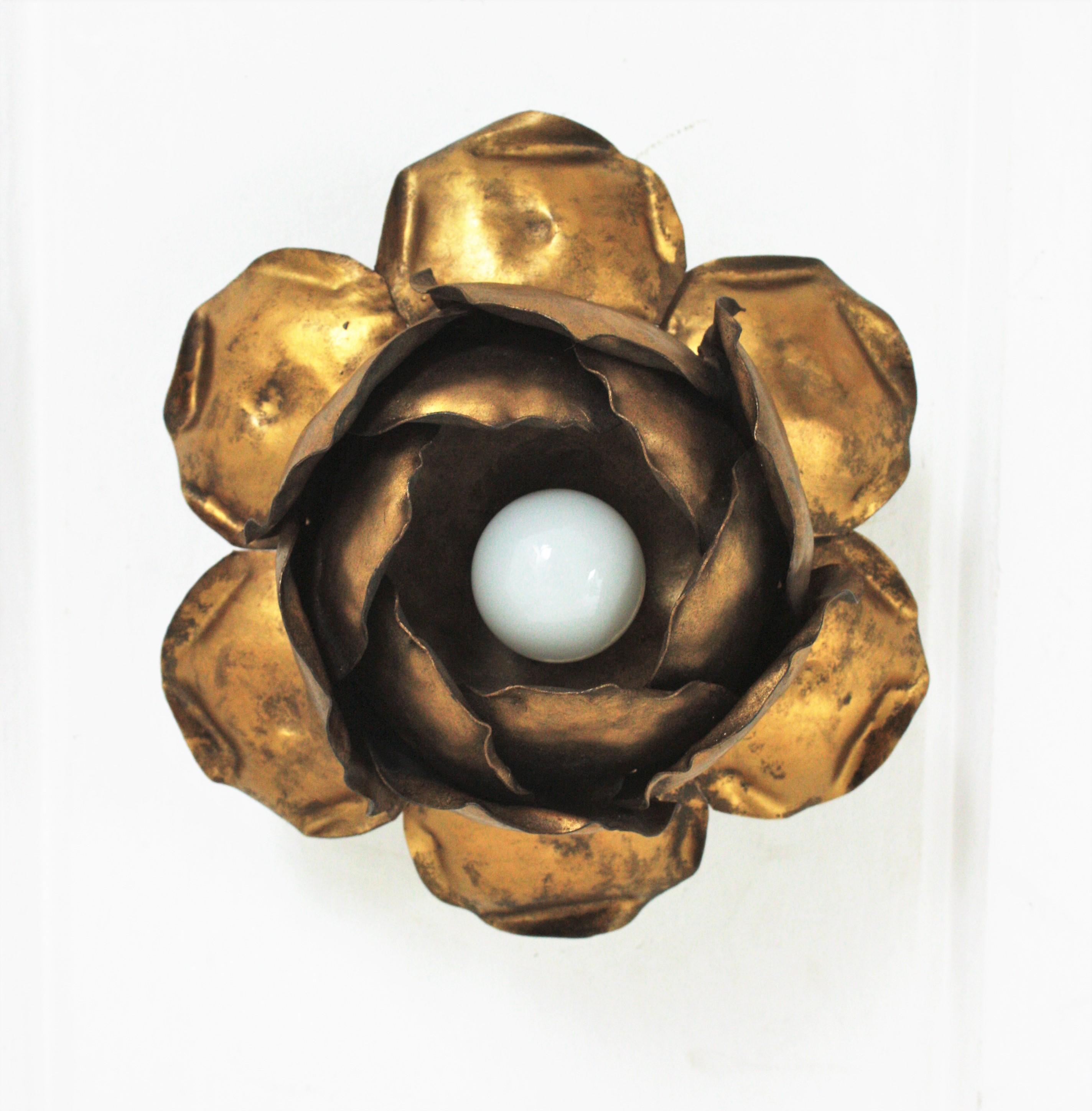Hand-Crafted French Large Flower Bud Light Fixture in Gilt Iron For Sale