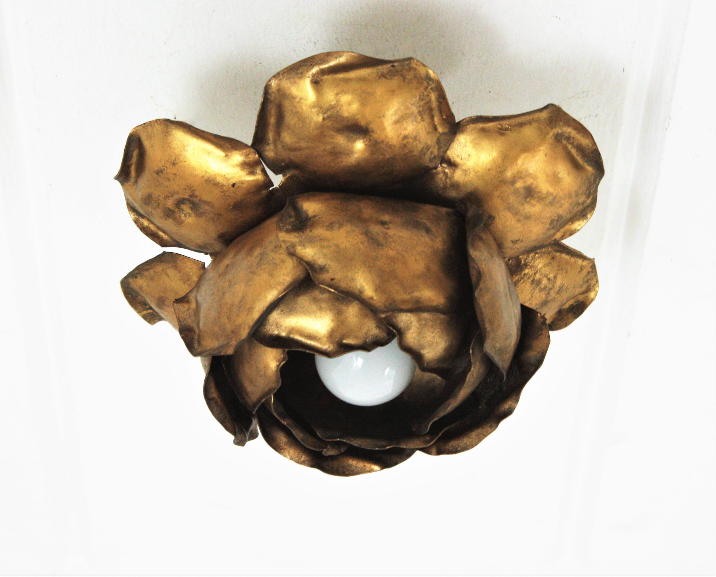 French Large Flower Bud Light Fixture in Gilt Iron 2