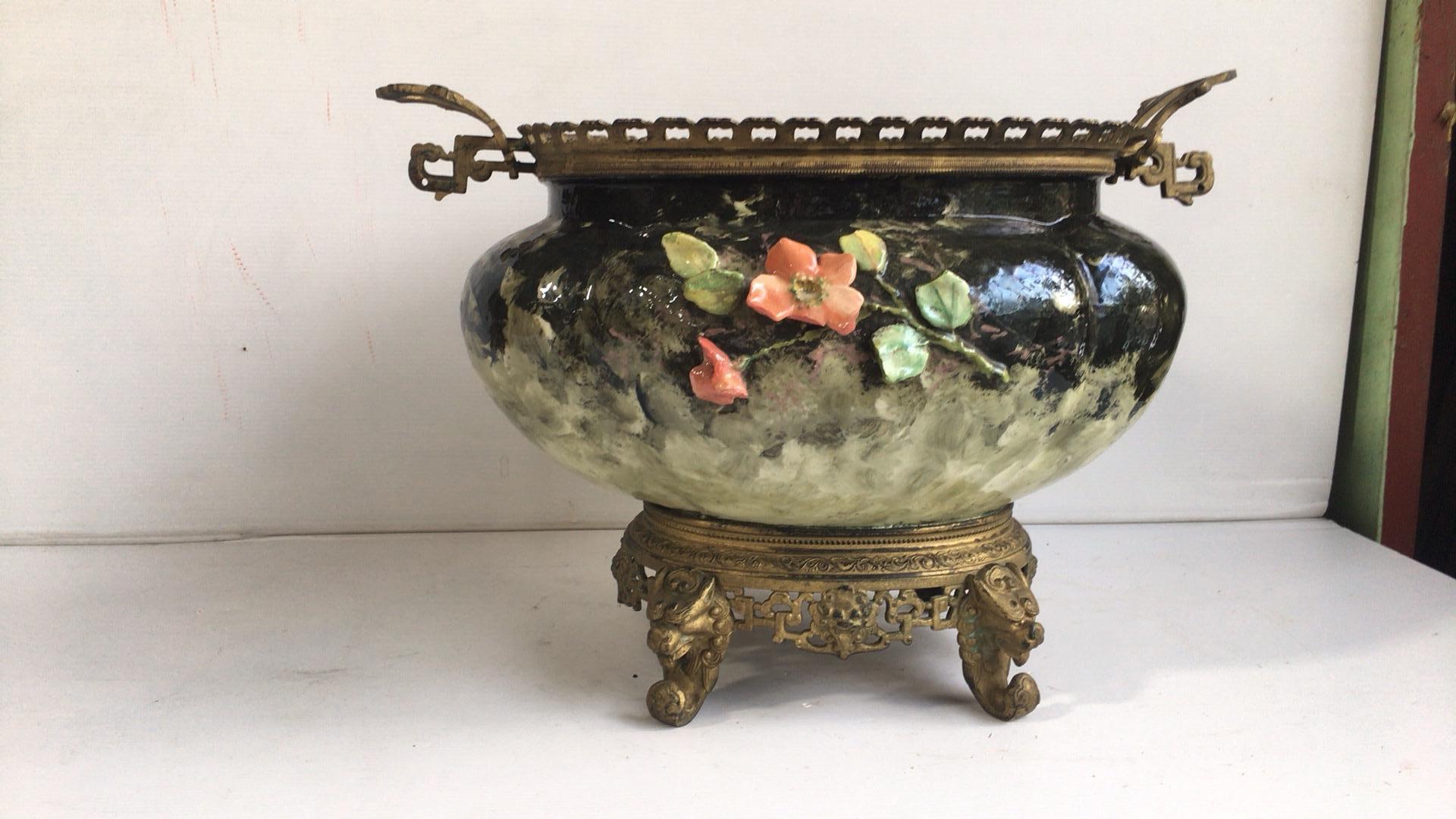 Romantic French Large Majolica Jardinière with Roses & Bronze Edouard Gilles, circa 1880