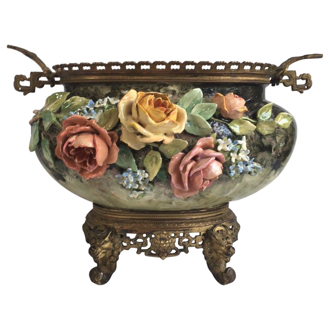 French Large Majolica Jardinière with Roses & Bronze Edouard Gilles, circa 1880
