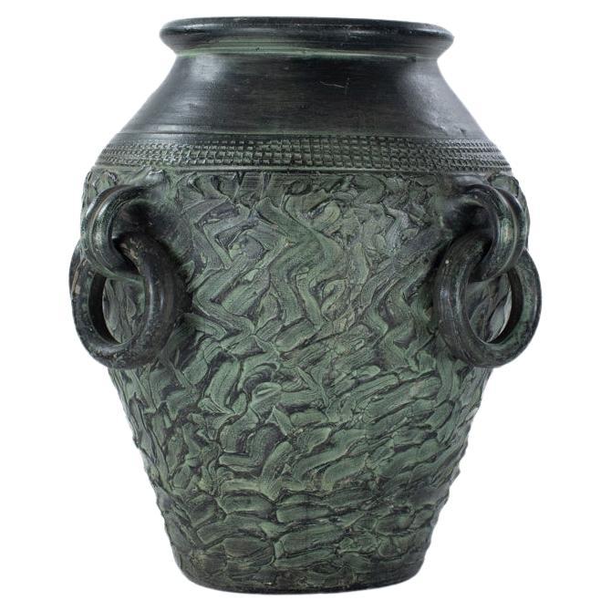 French Large Mid-Century Vintage Ceramic Vase Object in Fir green signed 1950s For Sale