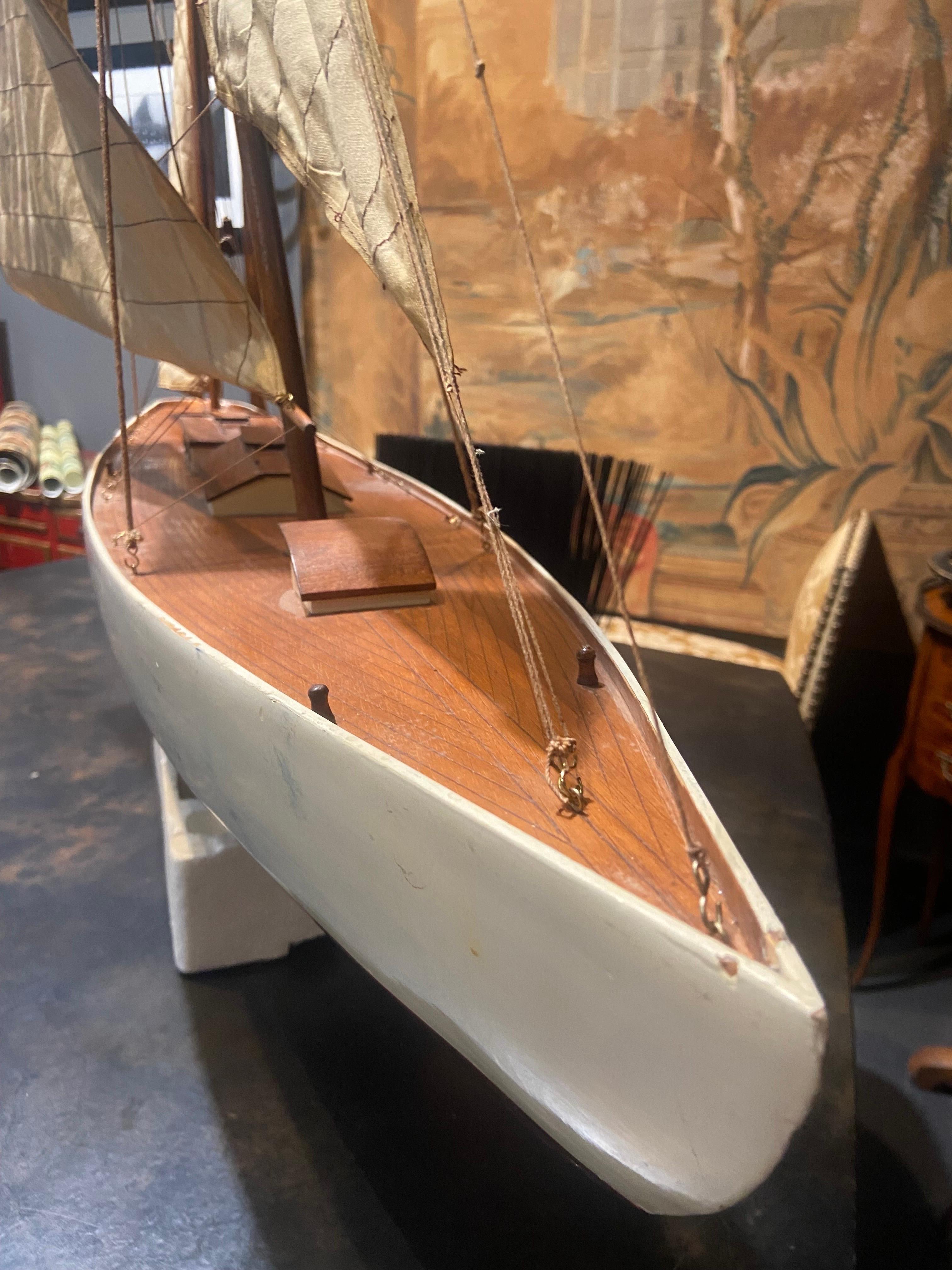 Textile French Large Model of Eric Tabarly's Pen Duick Sailboat in Varnished Wood For Sale