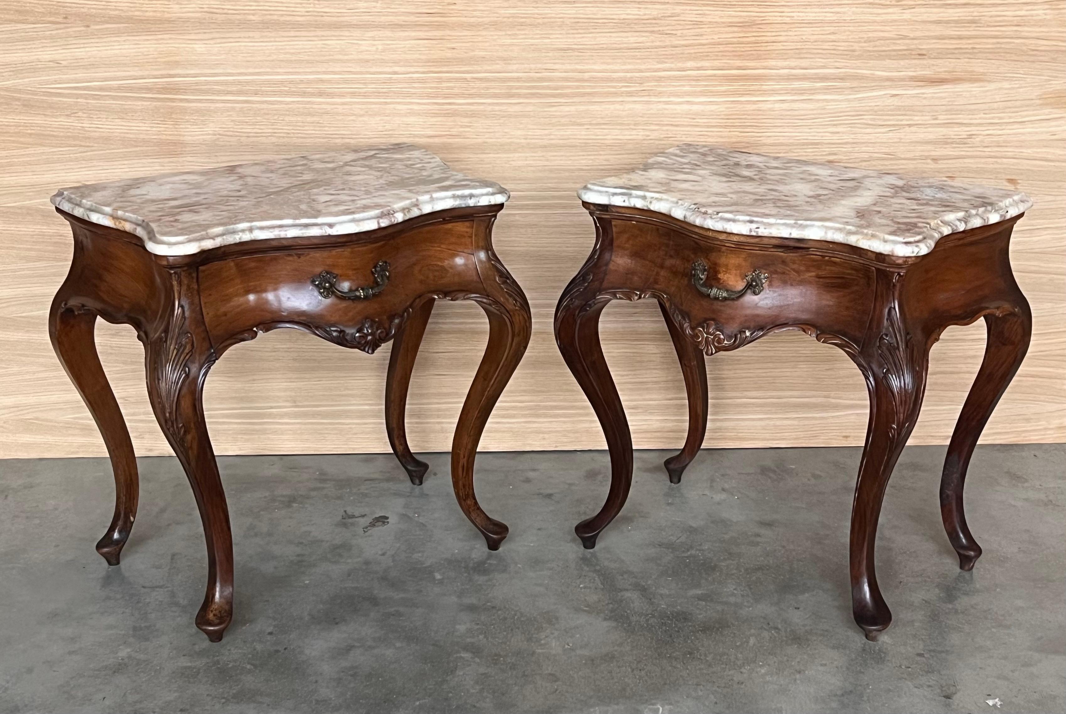 Walnut French Large Nightstands with Drawers and Cabriole Legs, 1900s, Set of 2 For Sale