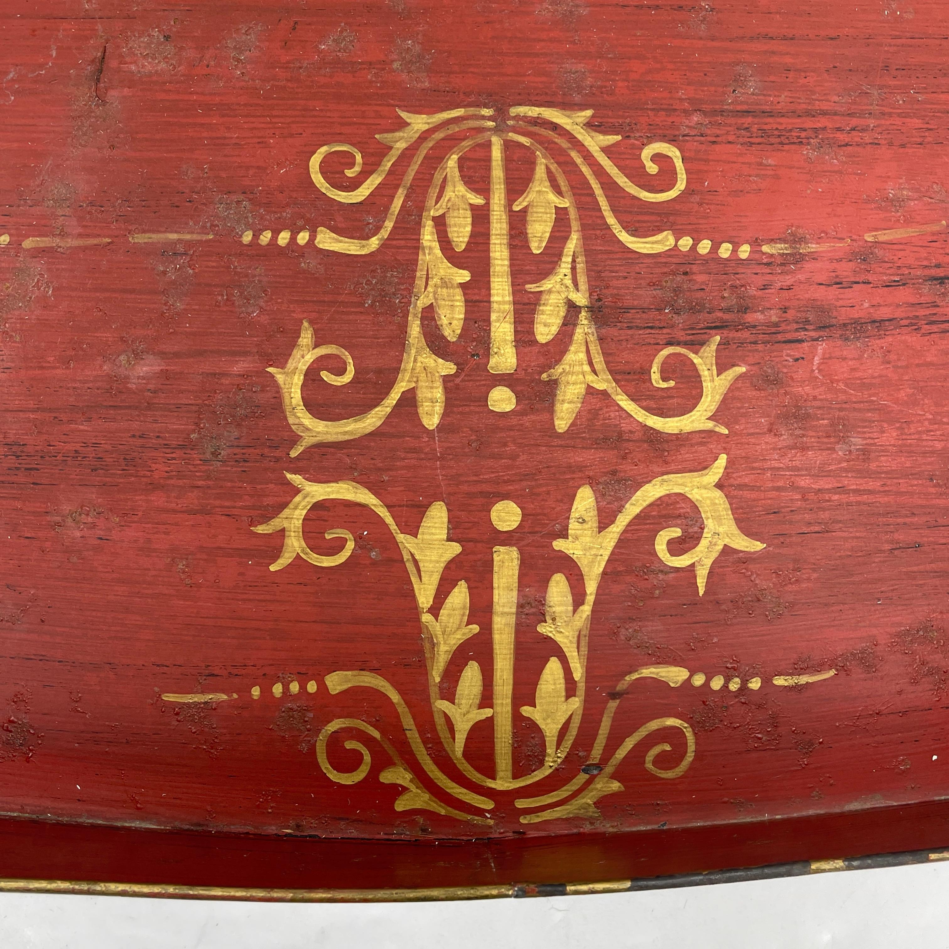 French, Large Oval Red and Gold Leaf Painted Tole Tray 3