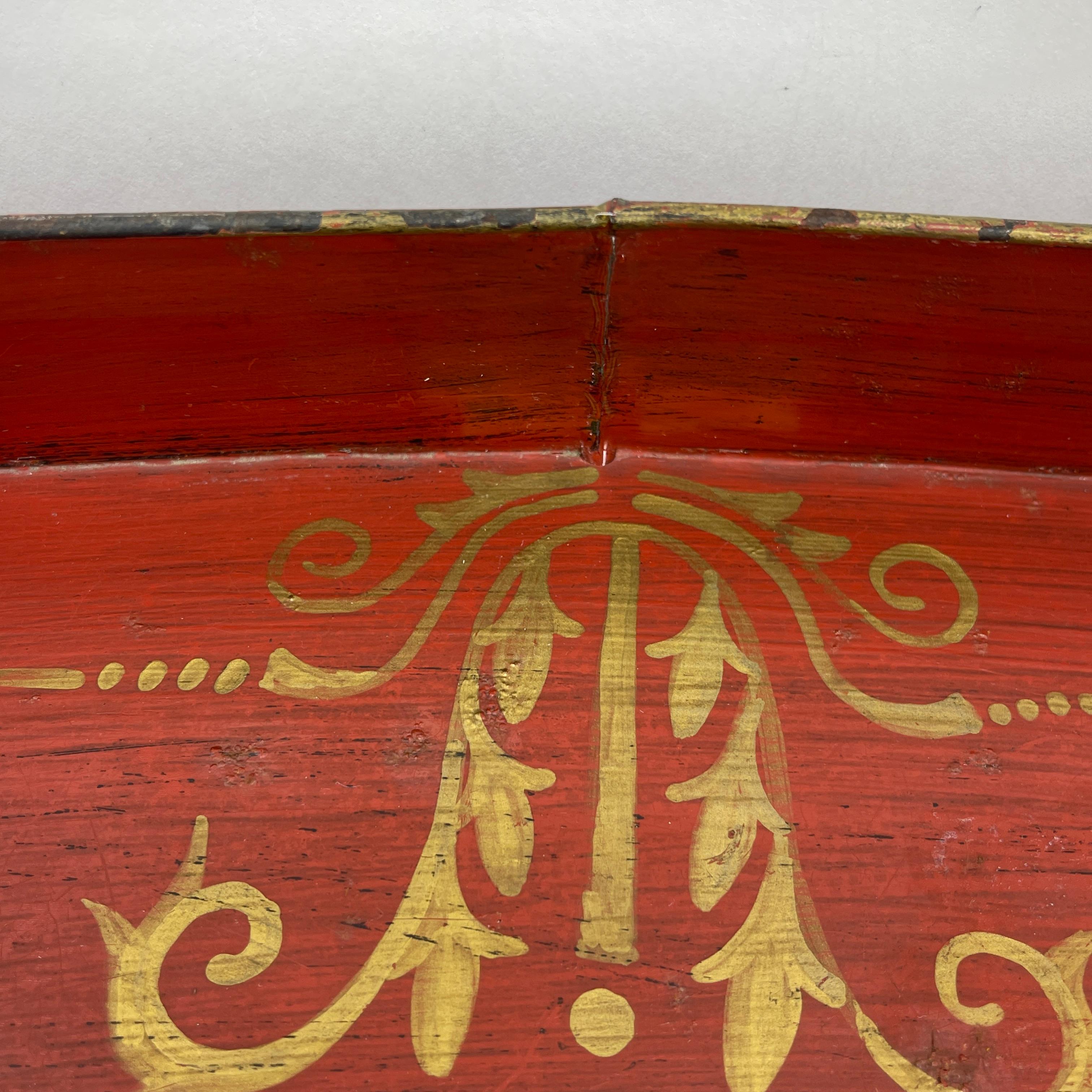 French, Large Oval Red and Gold Leaf Painted Tole Tray 5