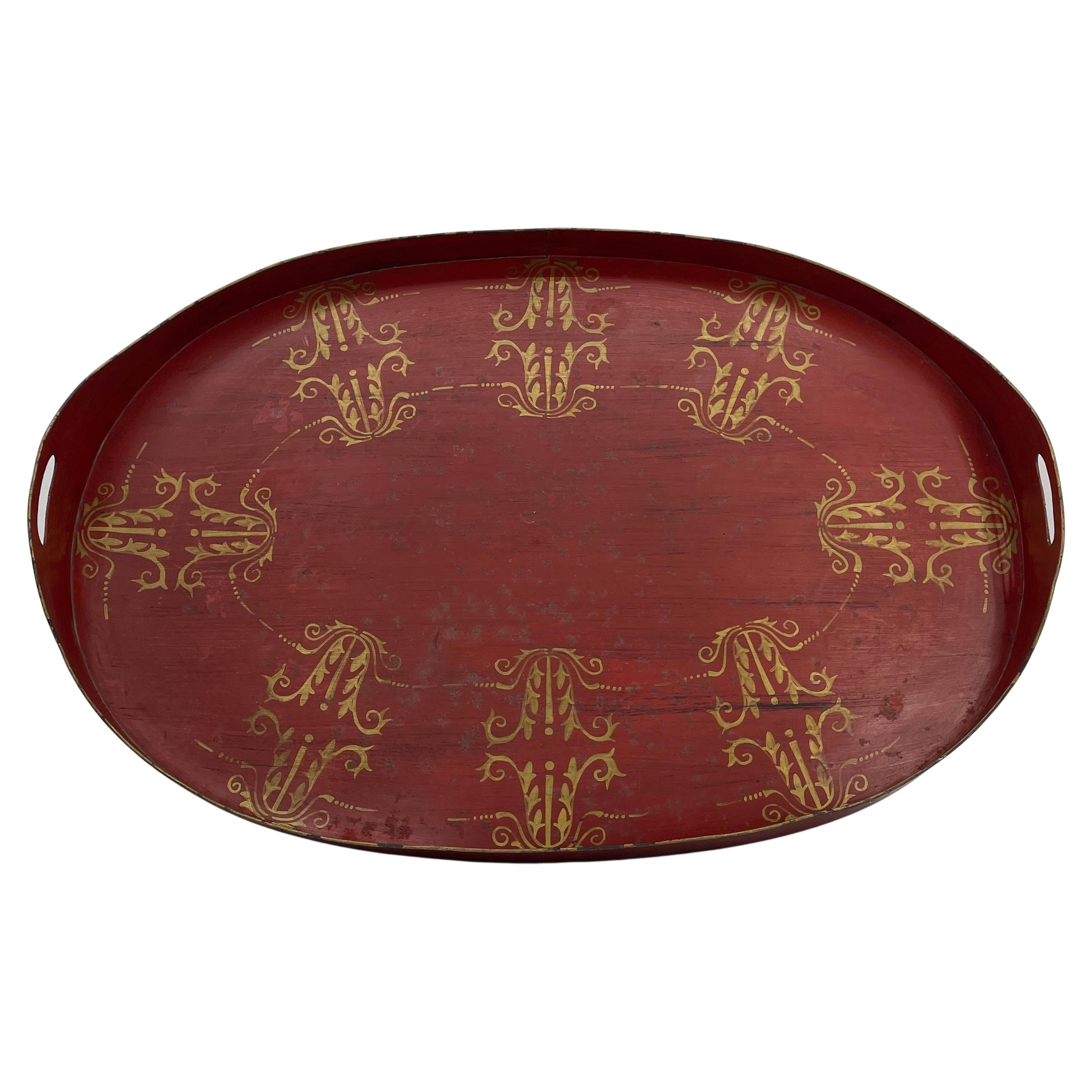 French, Large Oval Red and Gold Leaf Painted Tole Tray 8