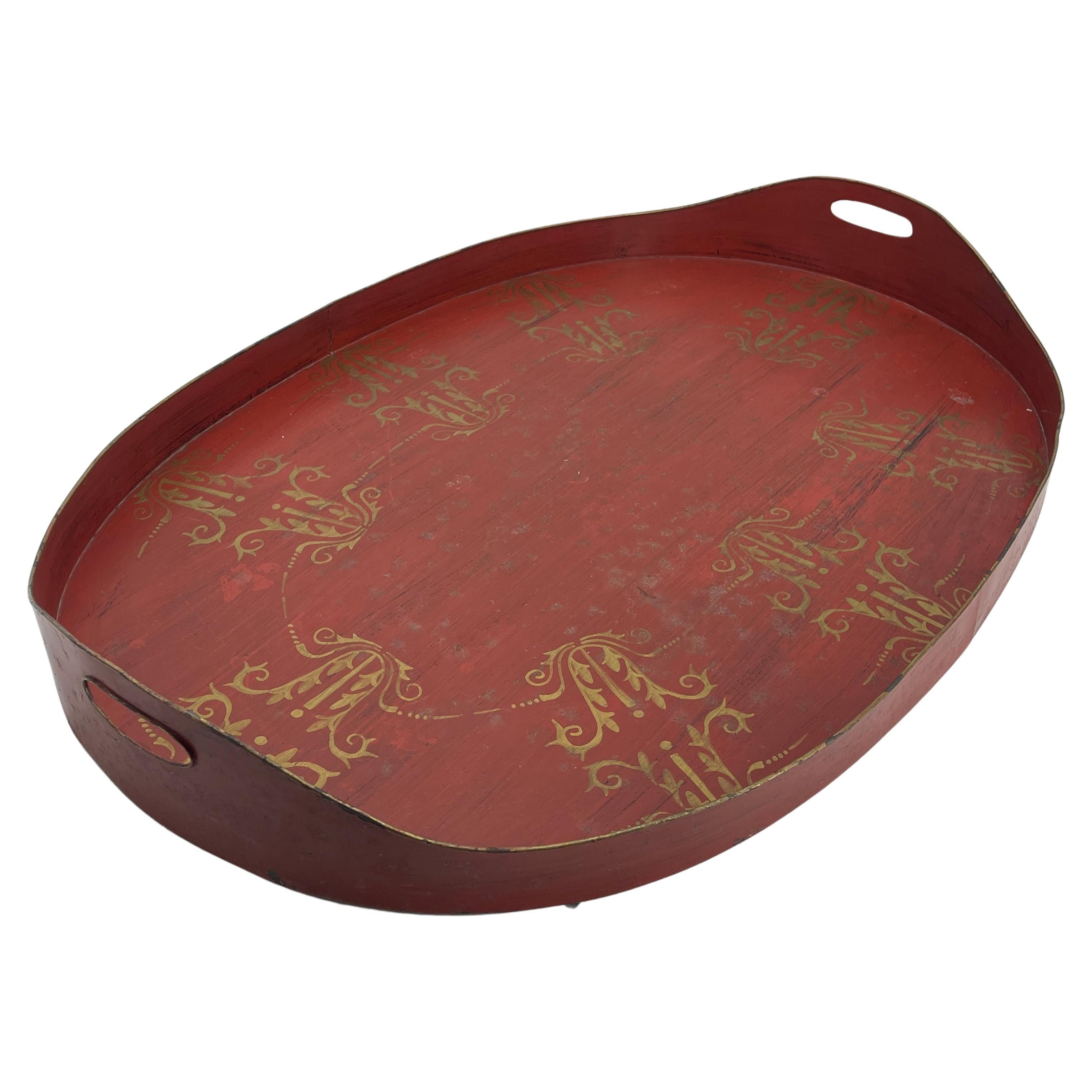 Napoleon III French, Large Oval Red and Gold Leaf Painted Tole Tray