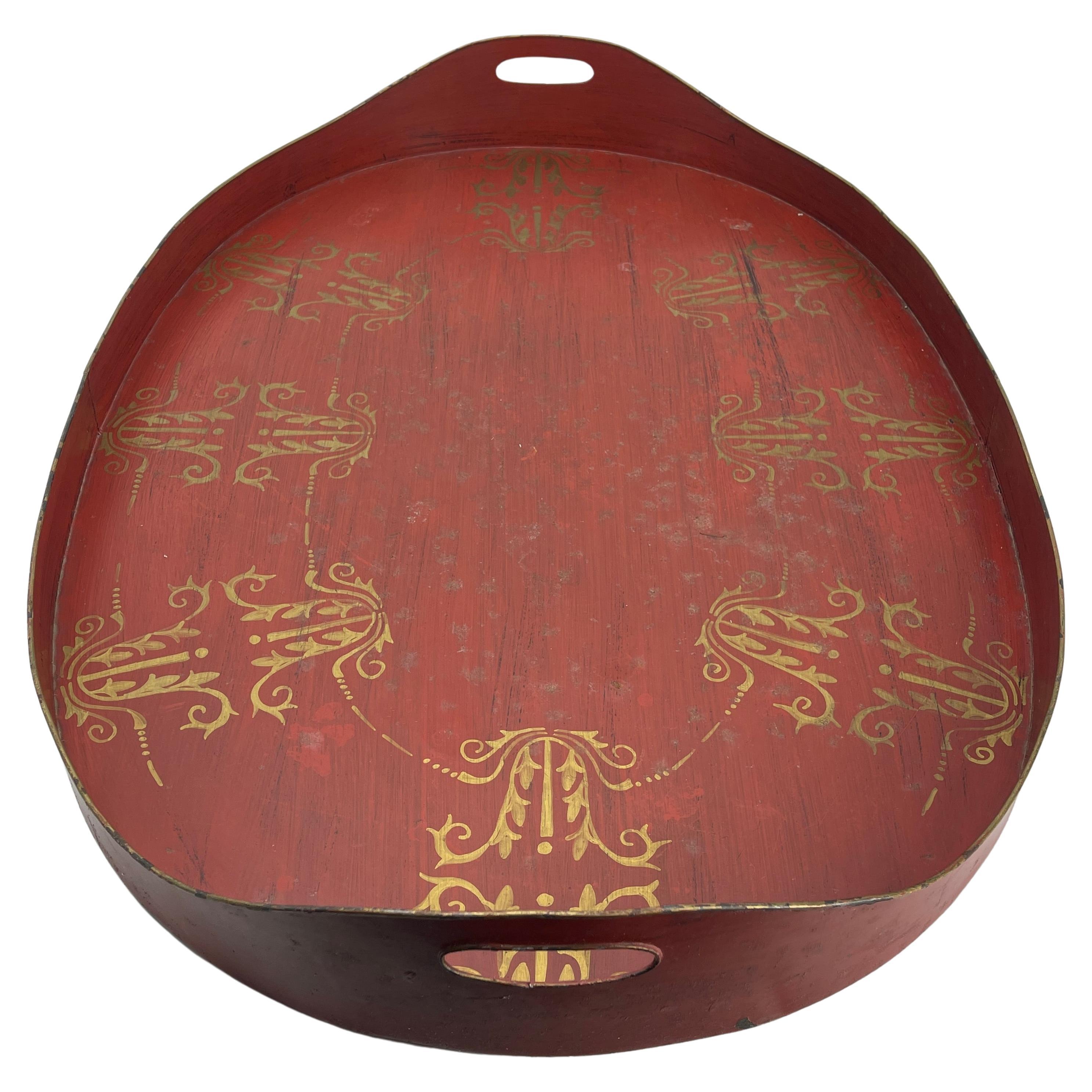 Hand-Painted French, Large Oval Red and Gold Leaf Painted Tole Tray