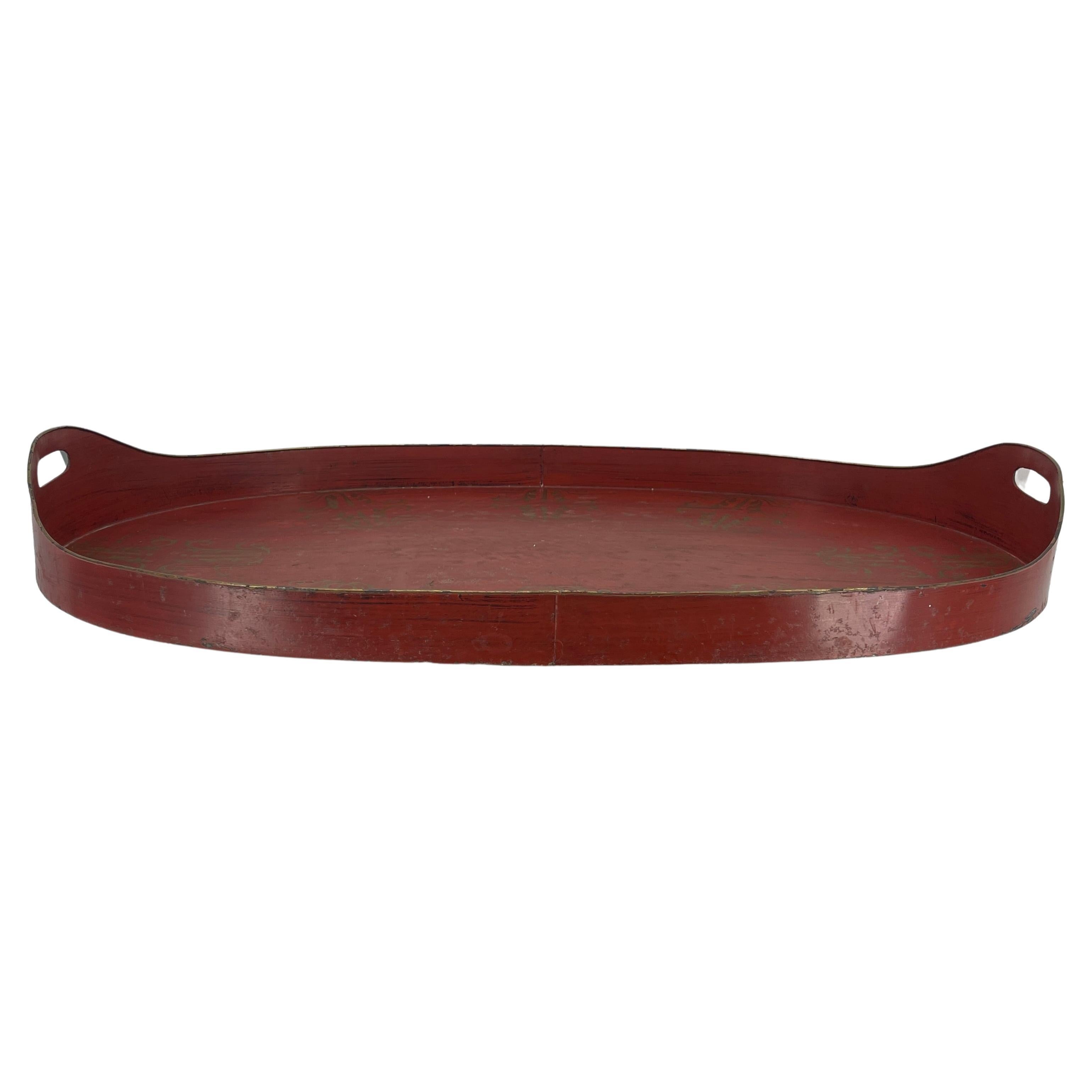 French, Large Oval Red and Gold Leaf Painted Tole Tray In Good Condition In Haddonfield, NJ