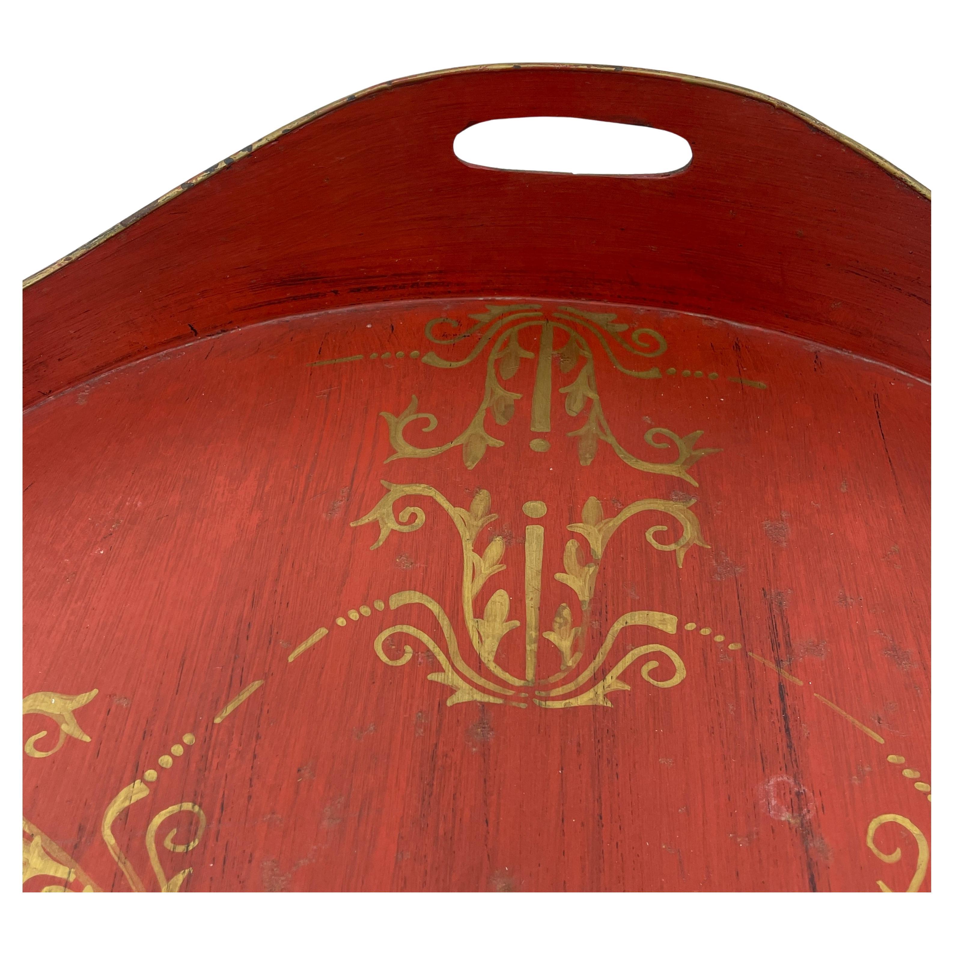 19th Century French, Large Oval Red and Gold Leaf Painted Tole Tray