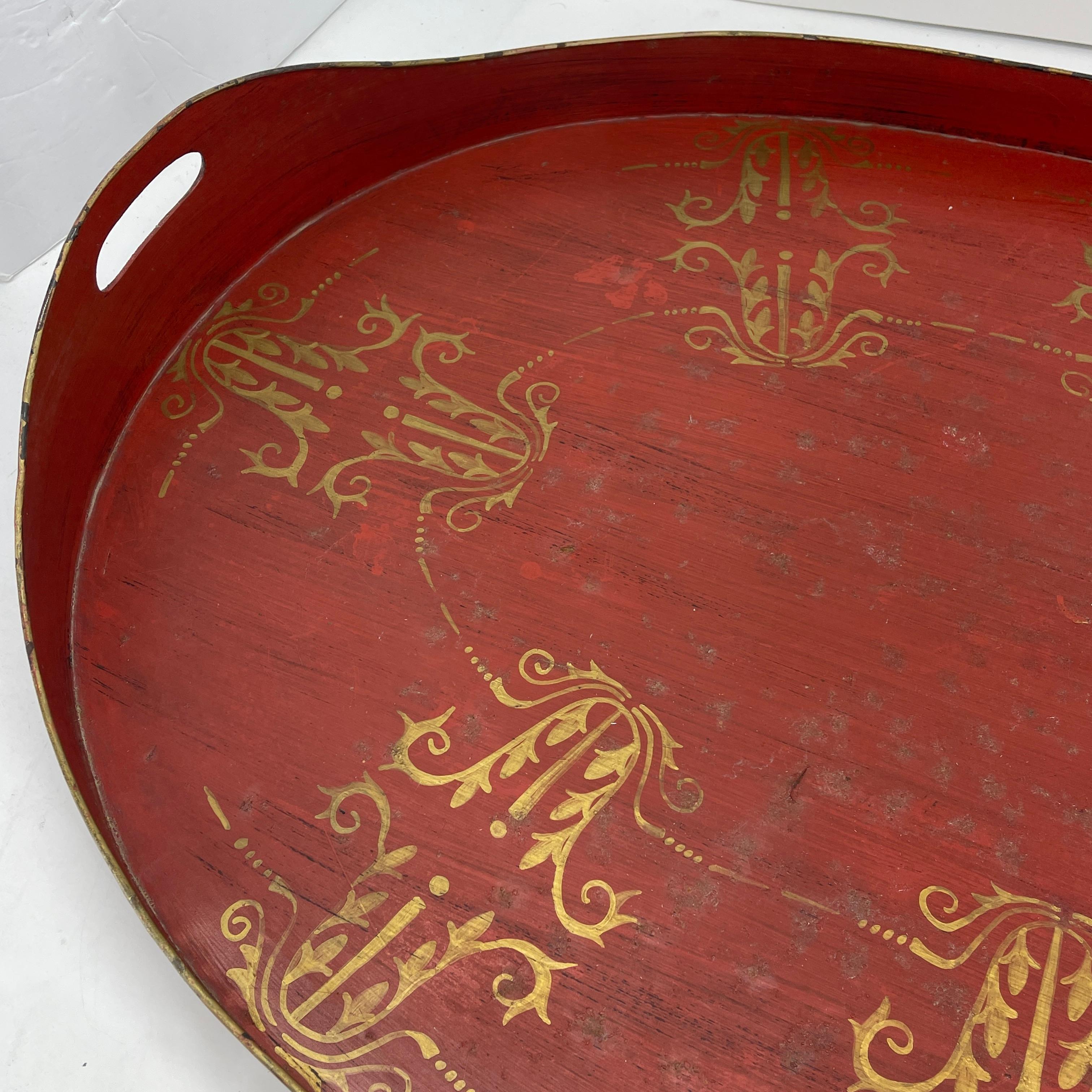 Metal French, Large Oval Red and Gold Leaf Painted Tole Tray
