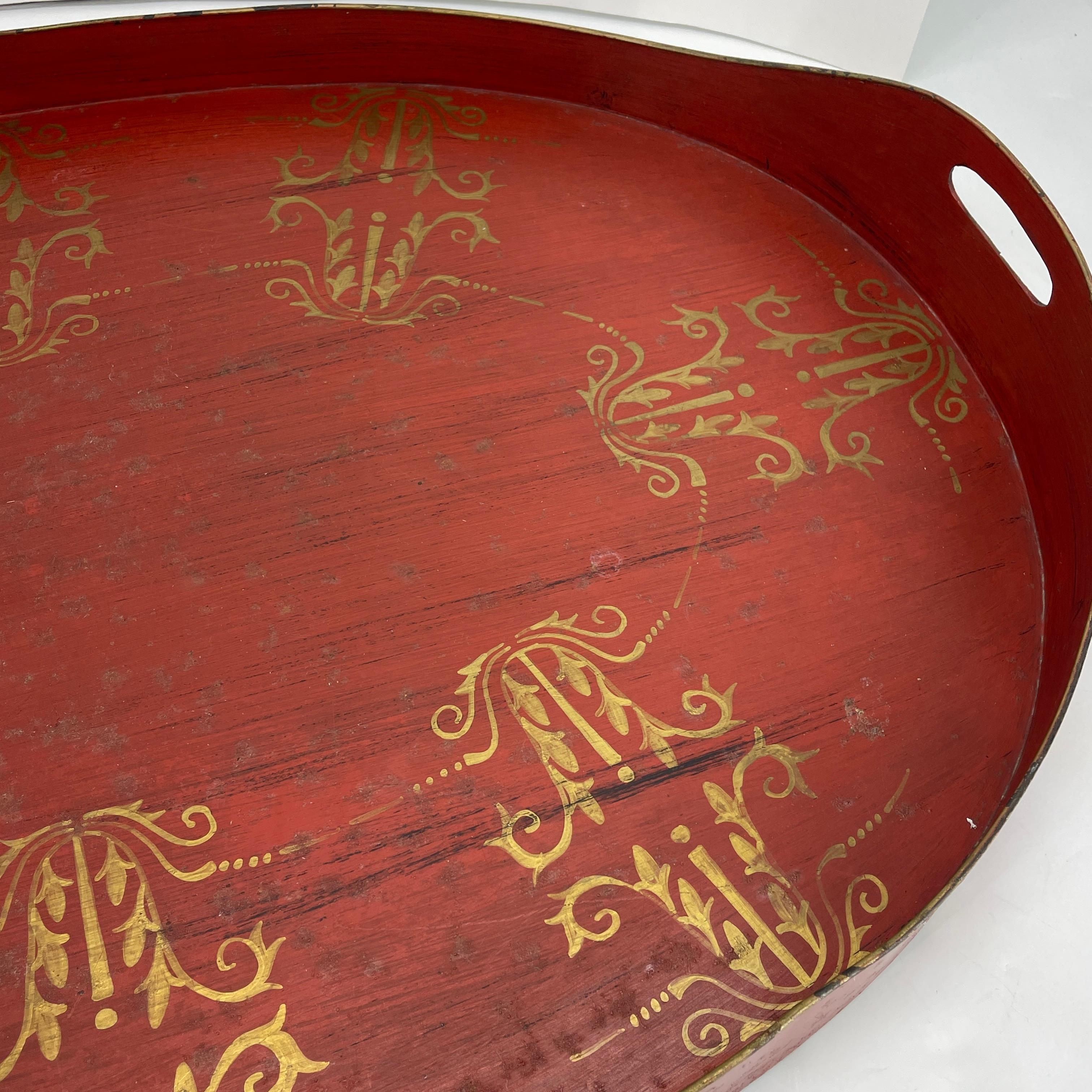 French, Large Oval Red and Gold Leaf Painted Tole Tray 1