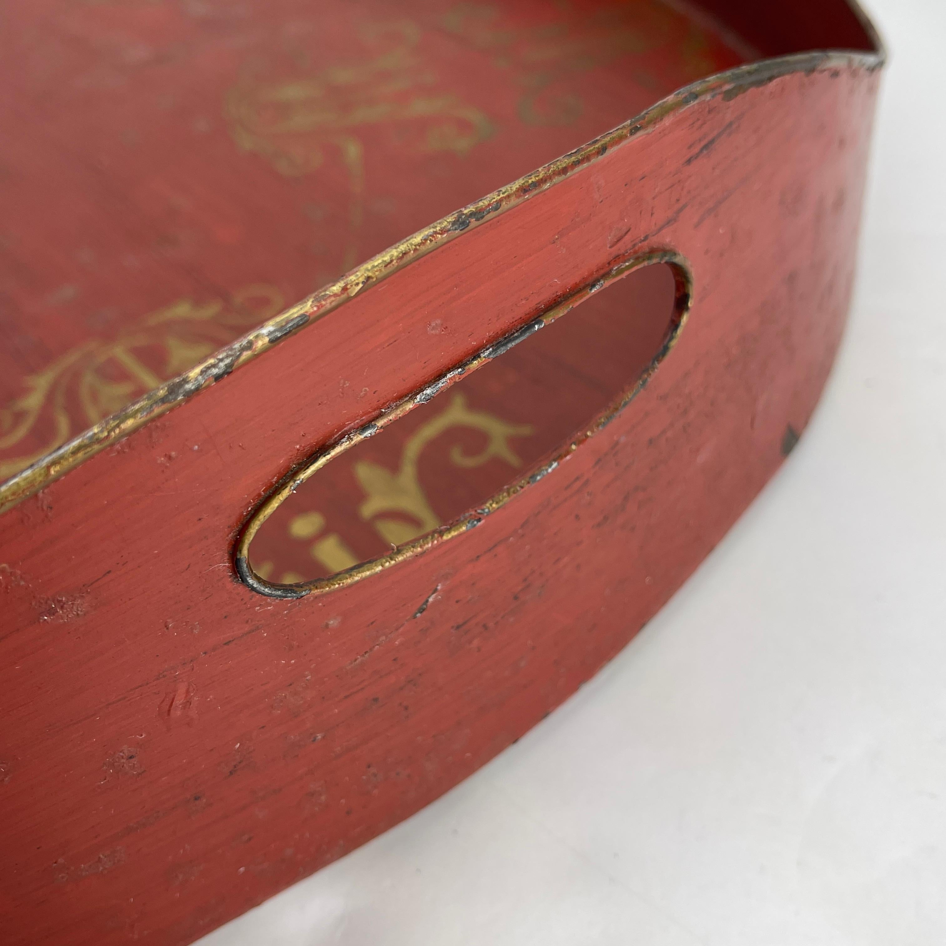 French, Large Oval Red and Gold Leaf Painted Tole Tray 2