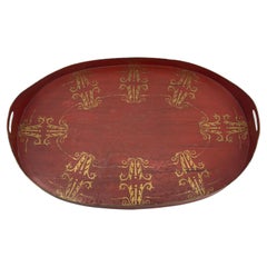 French, Large Oval Red and Gold Leaf Painted Tole Tray